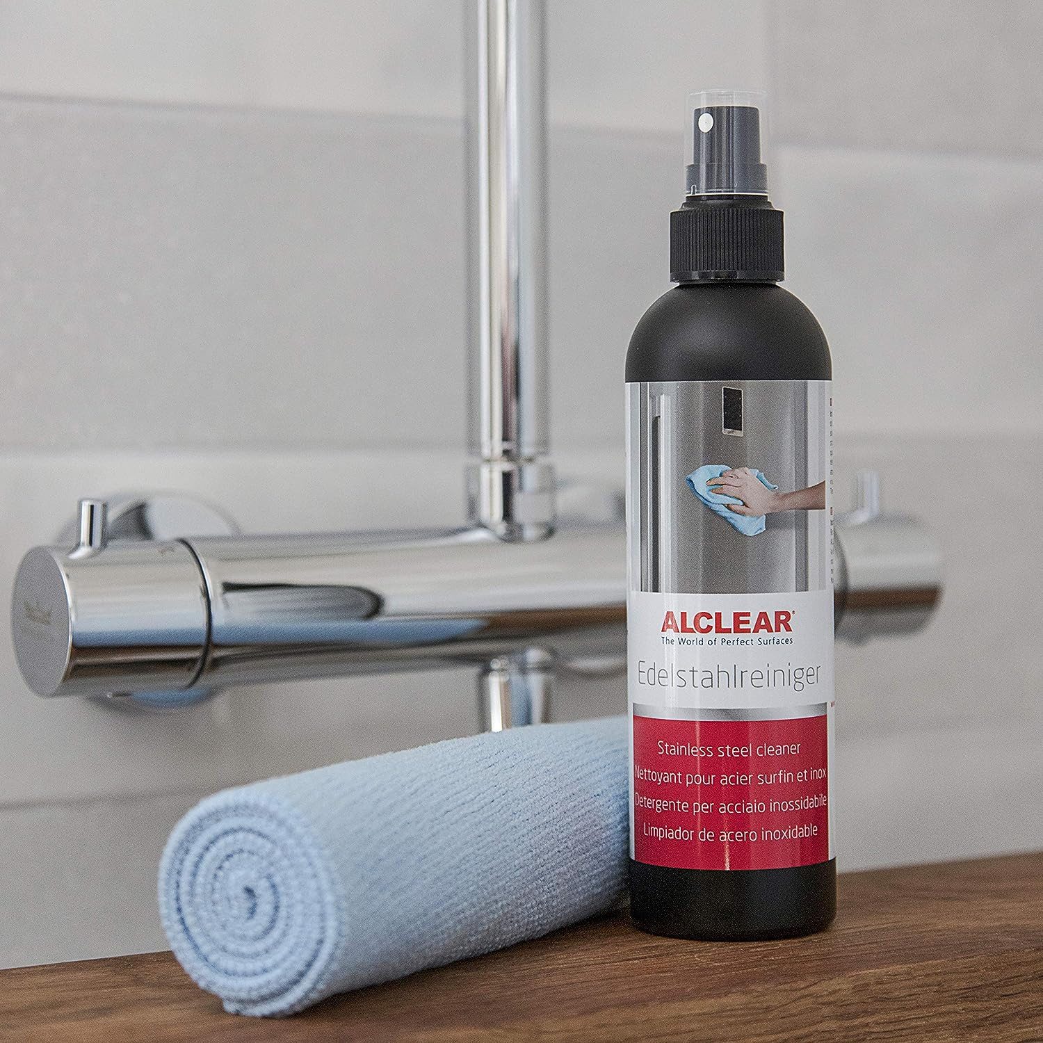 ALCLEAR 721ER Edelstahlreiniger Set 250ml mit Mikrofasertuch - Streifenfrei Edelstahlreiniger