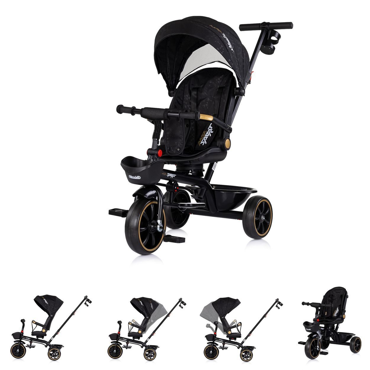 Chipolino Dreirad Max Sport 2 in 1, umkehrbarer Sitz, Gummiräder, Becherhalter, Korb, Schiebegriff