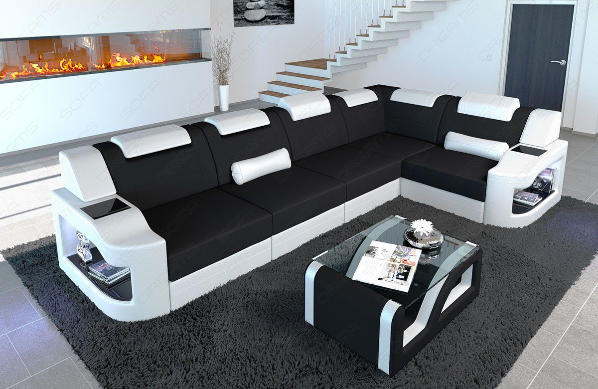 Stoff schwarz-weiß Form M wahlweise Ecksofa Stoffsofa, L mit Sofa Couch Dreams Padua Design Bettfunktion Sofa Polsterstoff Mikrofaser