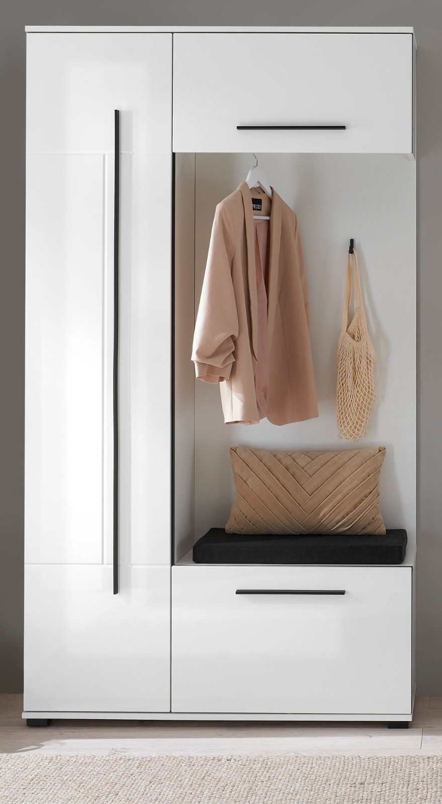 Furn.Design Kompaktgarderobe Design-D (Komplett Set Garderobe in Weiß Hochglanz, 111 x 200 cm) viel Stauraum auf wenig Fläche, mit Soft-Close