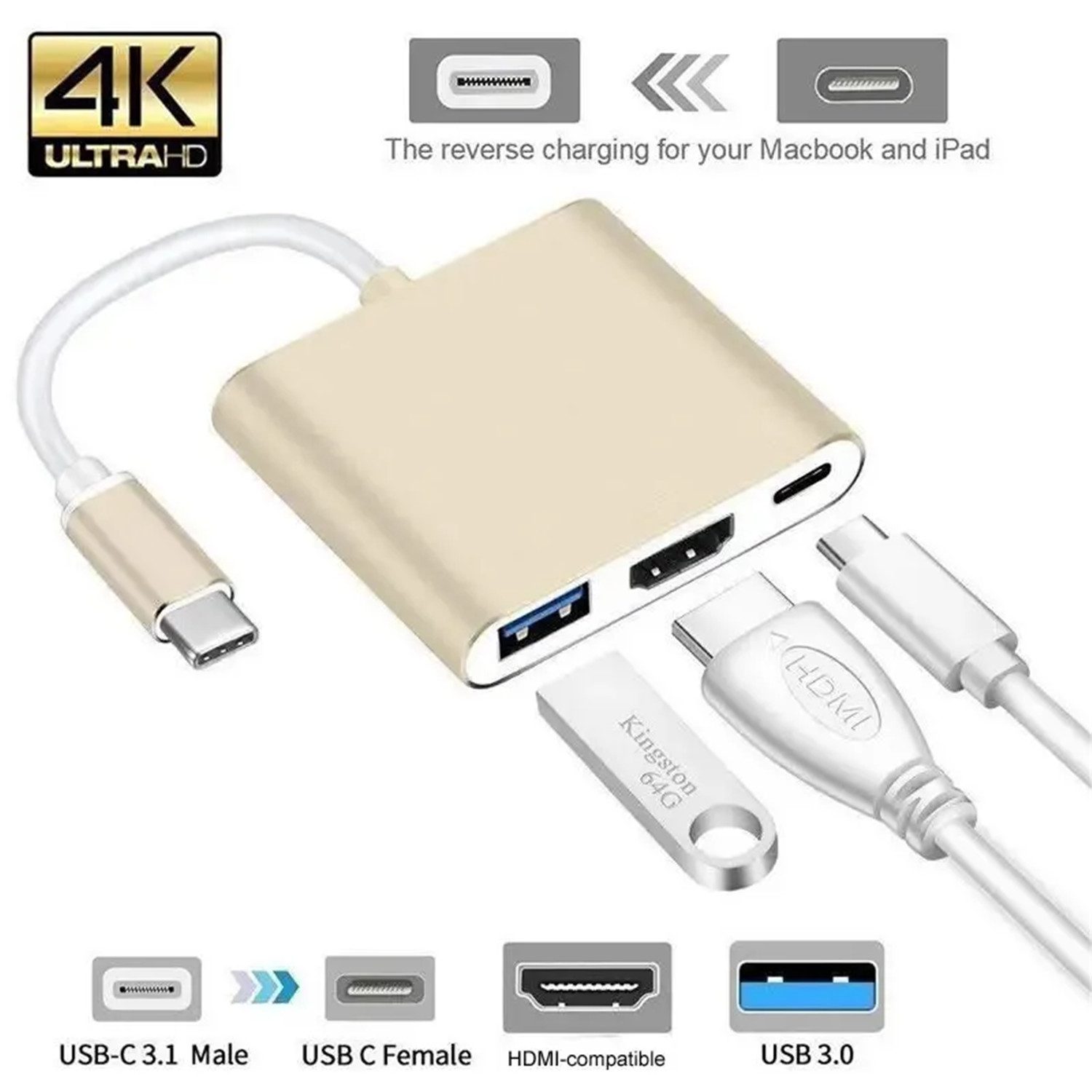 USB C Hub 3.0 Typ-C auf zu HDMI 3 IN 1 Adapter 4K Kabel für PC Laptop HDMI-Adapter