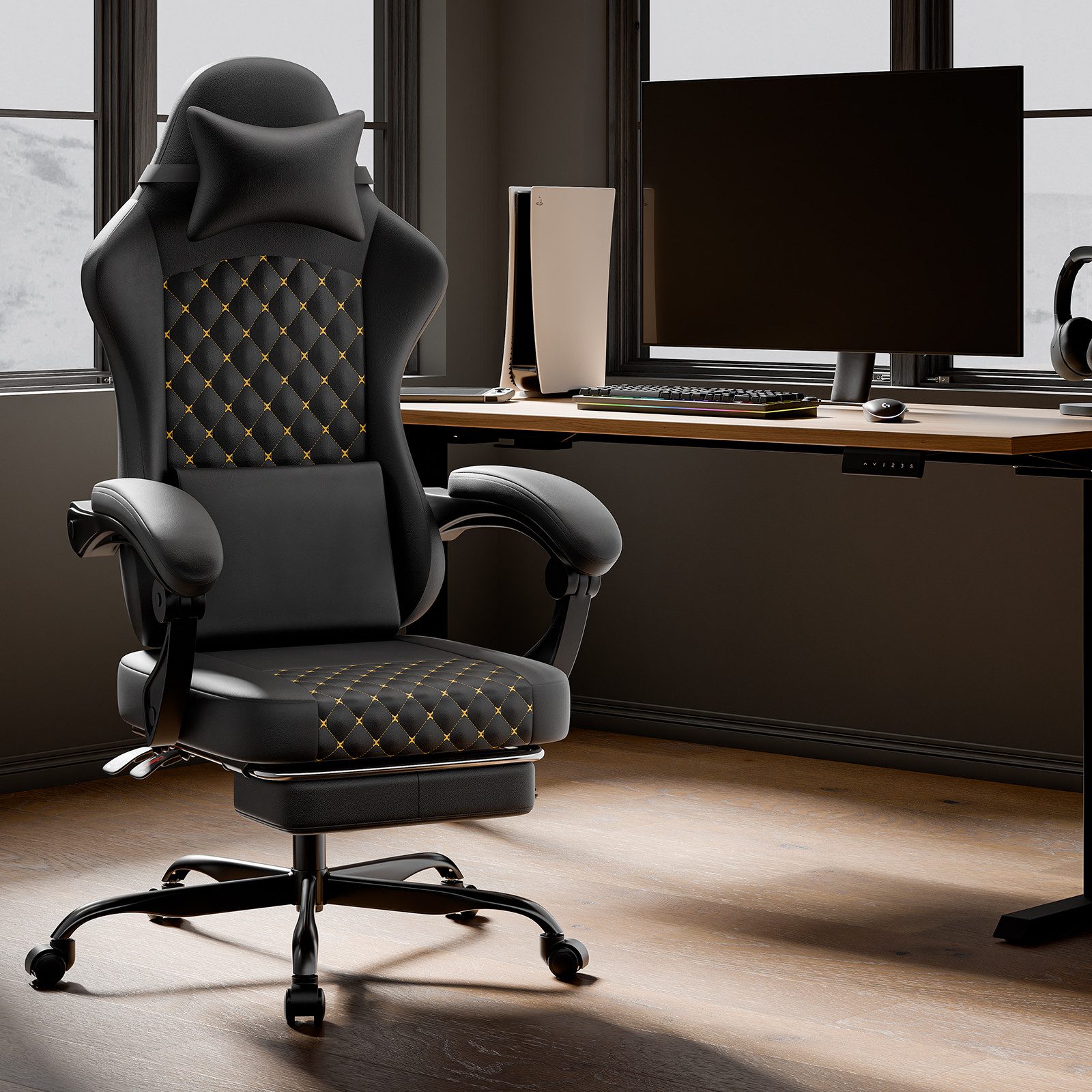 KEFEYA Gaming-Stuhl Schreibtischstuhl Büromöbel mit Massagefunktion (Fußstütze & PVC-Leder – Ergonomischer PC-Sessel bis 150 kg für Gamer, Büro & Homeoffice, Grau/Schwarz, 1 St)