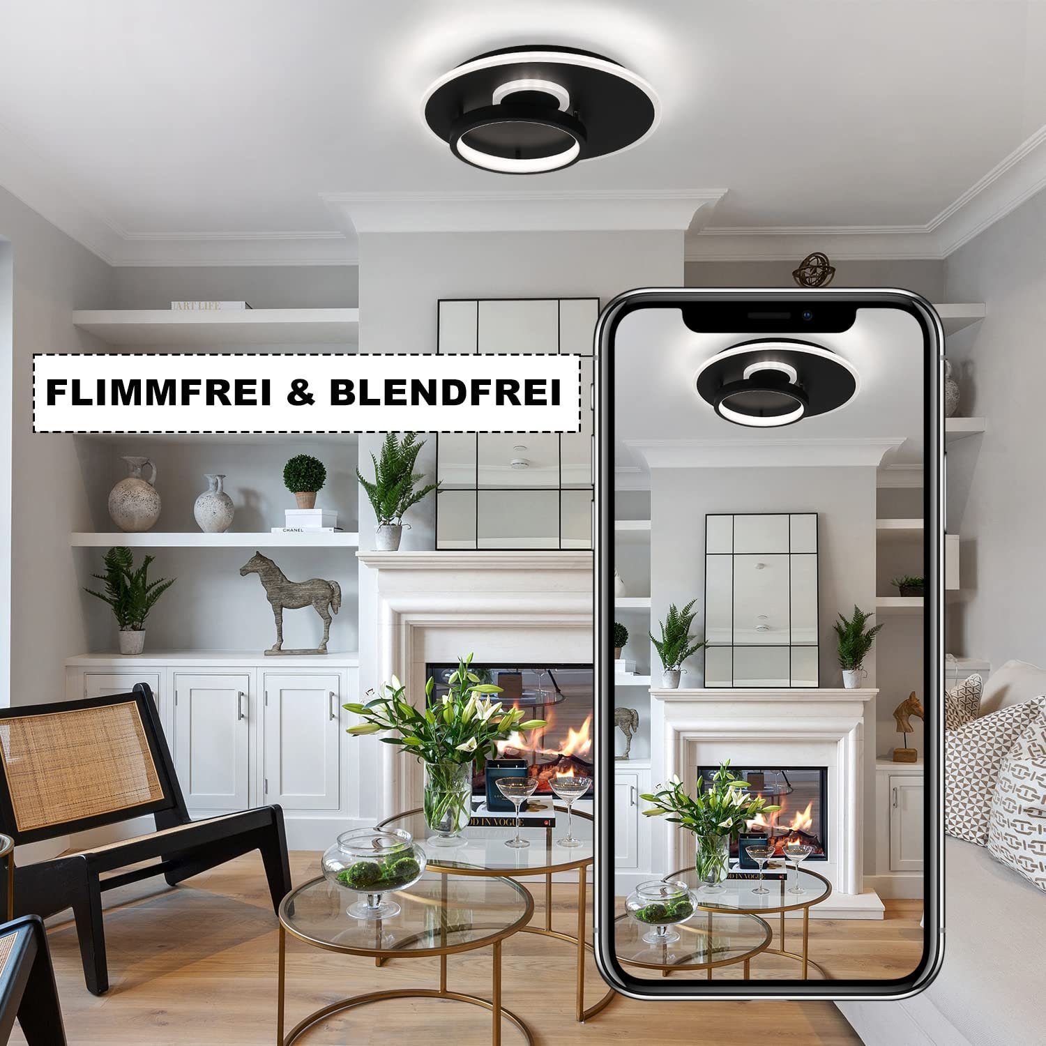 ZMH LED Deckenleuchte mit 33W, schwarz Modern LED Fernbedienung Tageslichtweiß, fest integriert, Wohnzimmerlampe, Design