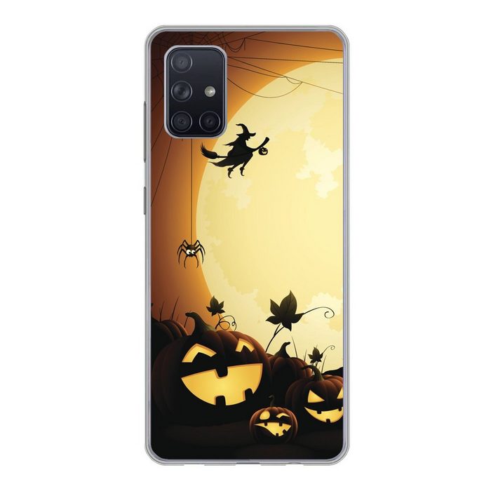 MuchoWow Handyhülle Eine Illustration eines Schlosses mit Hexen und Kürbissen zu Halloween Handyhülle Samsung Galaxy A51 5G Smartphone-Bumper Print Handy