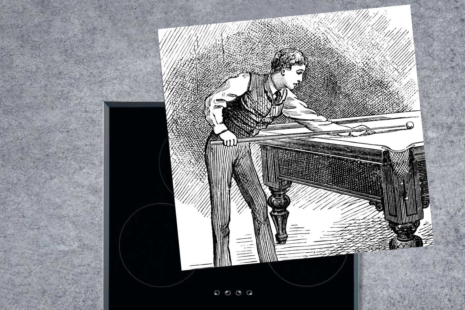 küche Ceranfeldabdeckung, Billard Illustration Arbeitsplatte (1 Eine MuchoWow cm, spielenden für historische eines Herdblende-/Abdeckplatte Mannes, 78x78 Vinyl, tlg),