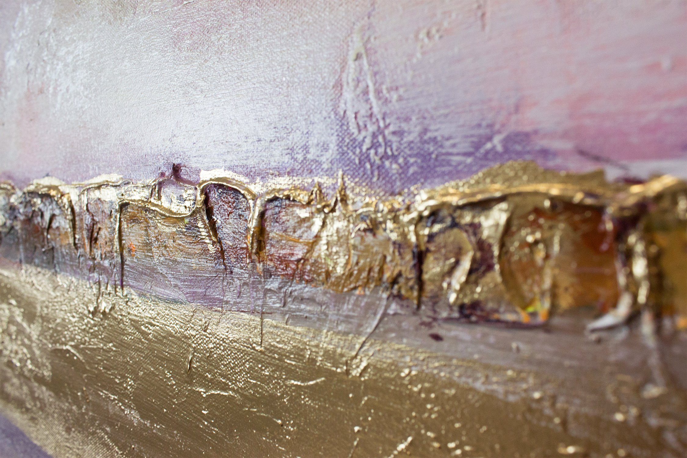 YS-Art Gemälde Bild Leinwand Lila Abstrakt Handgemalt Sonnenschein, Gold Abstrakt