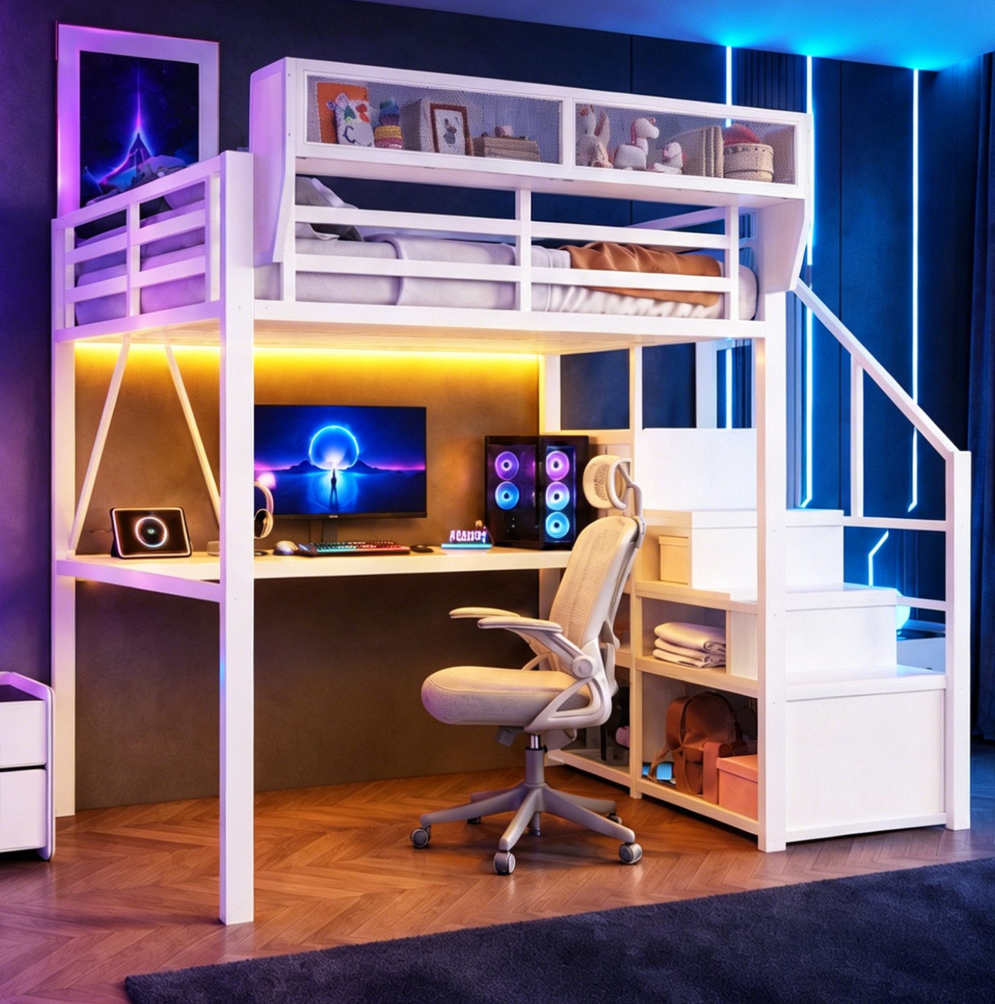 MODFU Hochbett mit integriertem Schreibtisch, Metallbett Jugendbett (LED-Beleuchtung und flexiblem Regal, 140x200 cm multifunktionales Loftbett) Kinderbett für Jugendzimmer, Bürobereich, ohne Matratze