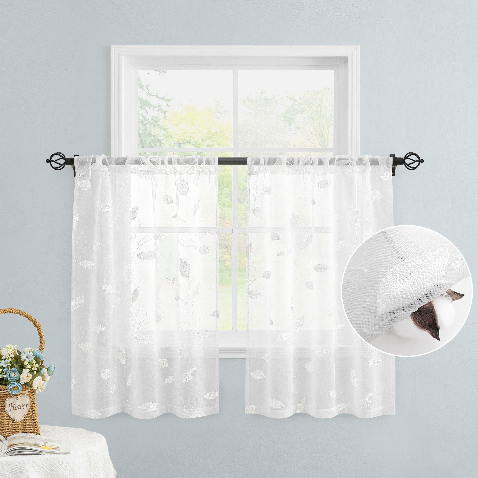 BYSURE Gardine Voile Scheibengardinen modern Wohnzimmer Bistrogardine für Küche, Bad (2 St), Stangendurchzug, transparent, Küchenvorhänge, besticktes Blattmuster, Vorhänge für kleine Fenster