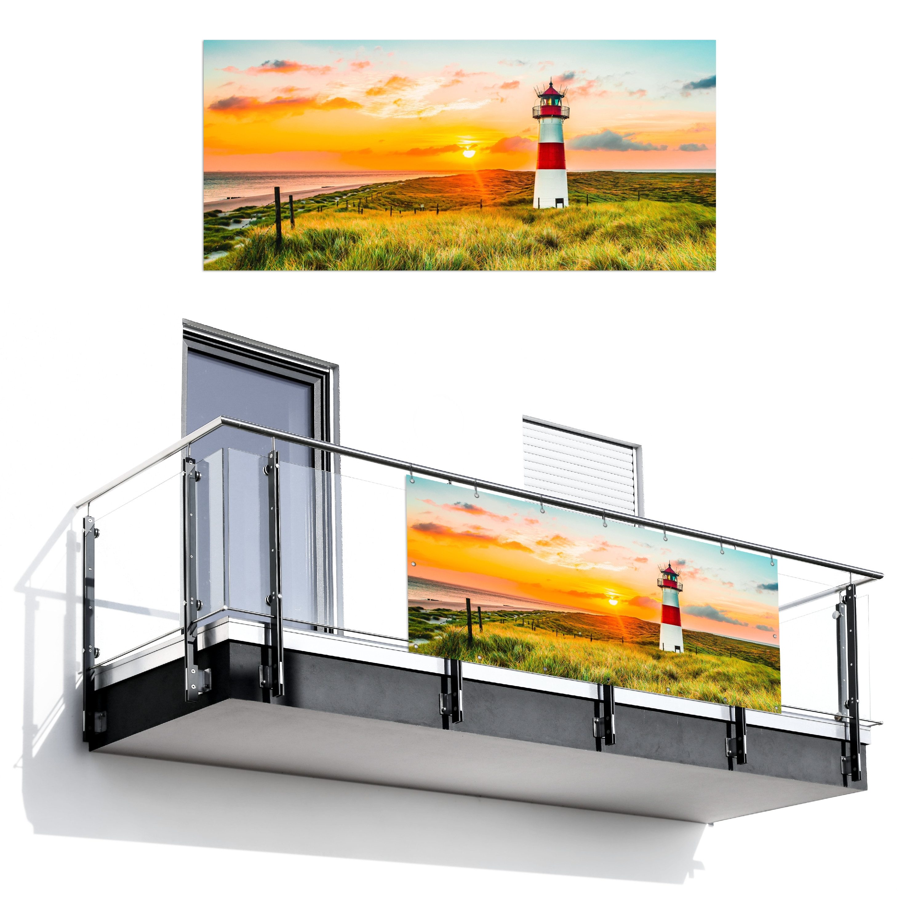 MuchoWow Balkonsichtschutz Leuchtturm - Natur - Sonne - Landschaft - Strand - Meer (1-St) Balkon Sichtschutz 90x200, Windschutz für Zaun PVC, 200x90 cm