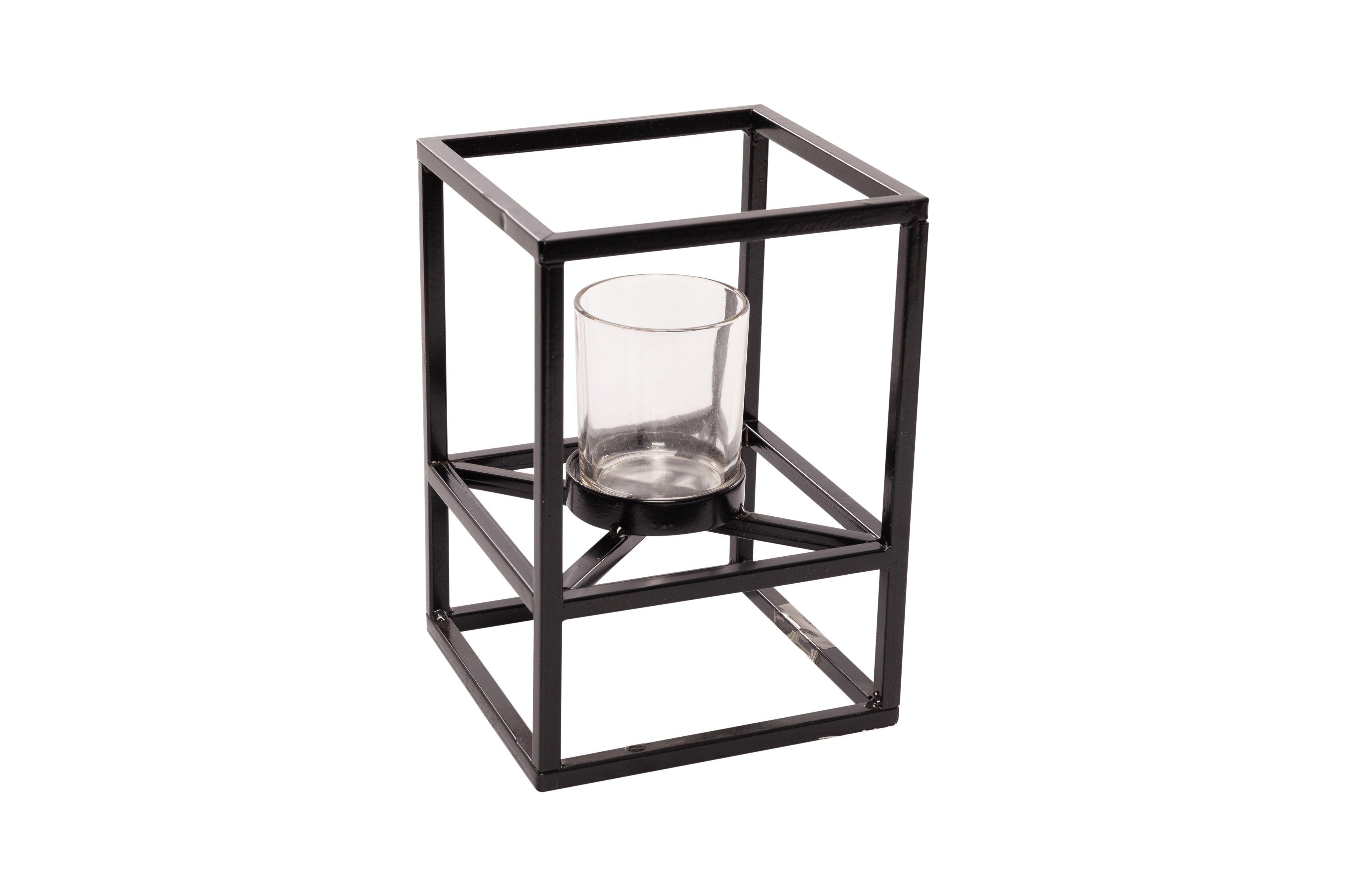 Parts4Living Teelichthalter Teelichtrahmen aus Metall Kerzenhalter Teelichtschale mit Glaseinsatz schwarz 16x16x22 cm, stilvolles Design