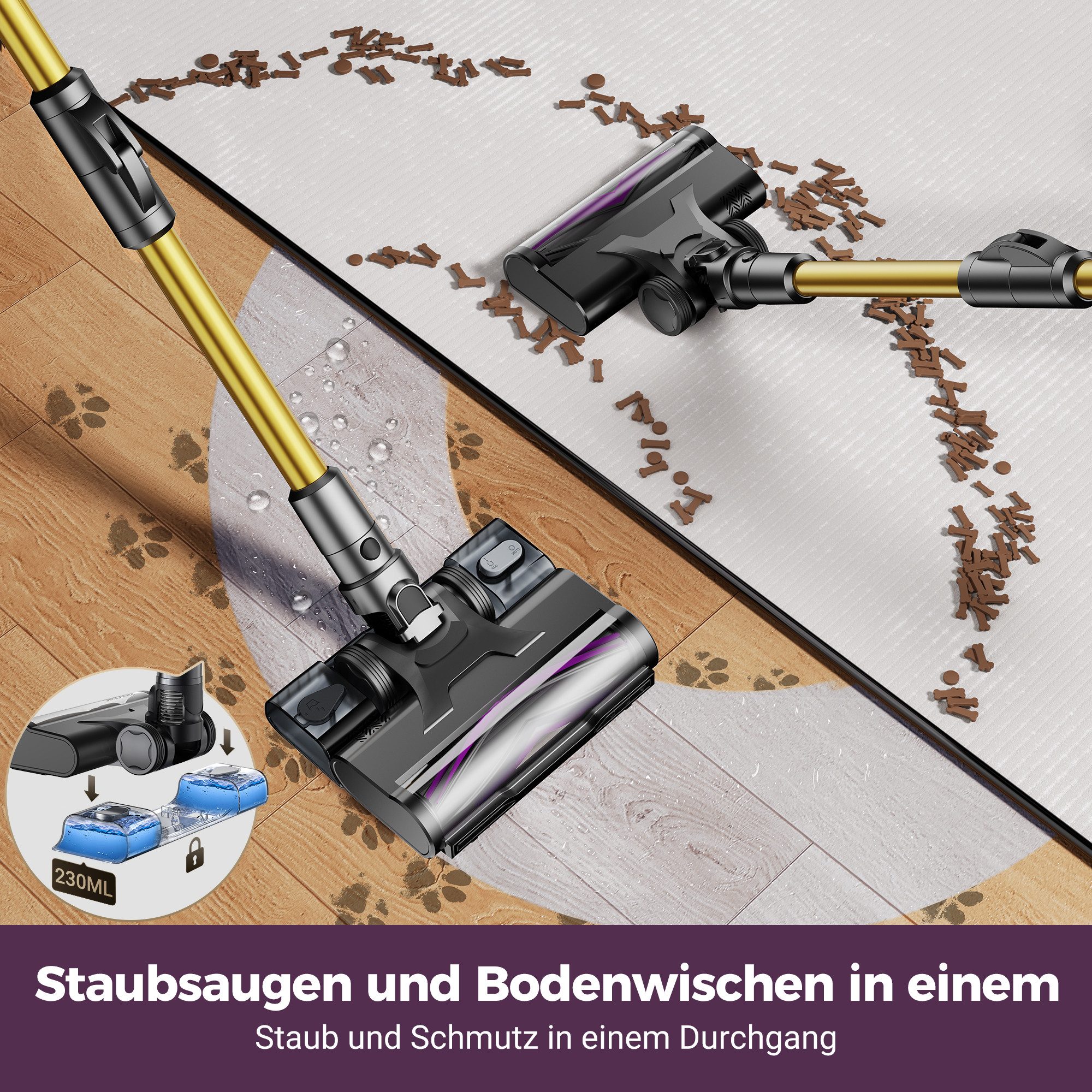 Ultenic Akku-Stielstaubsauger Hand Staubsauger,90000Pa/1.6L/70min,Saug&Wisch all in 1, 650 W, beutellos, Mit LED Display,3 Saugstufen,Akkusauger,Für Böden,Teppich,Tierhaare