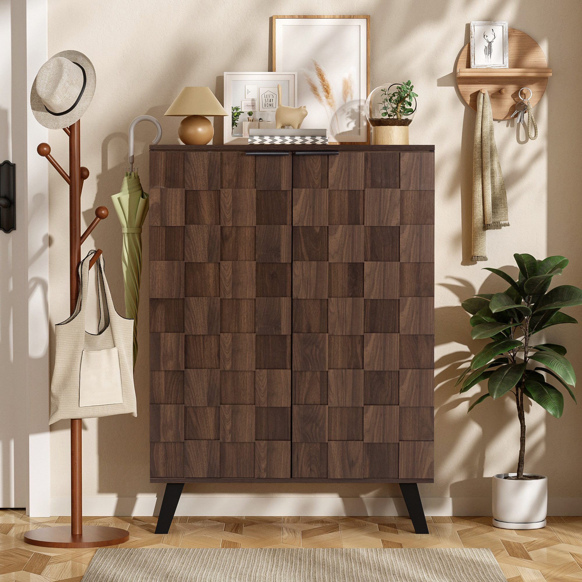 Merax Schuhschrank in Holzoptik/Walnuss und schwarzen Griffen (80,5×35×109,5 cm, 1-St., kompakter Flur-Schrank für organisierte Schuhaufbewahrung) Kommode mit 5 – Bild 3 von 5