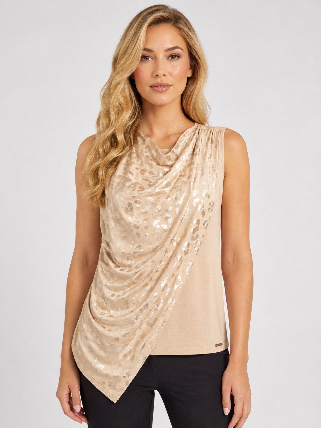 Passioni Tanktop mit drapiertem Vorderteil und Goldfolien-Leopardenmuster