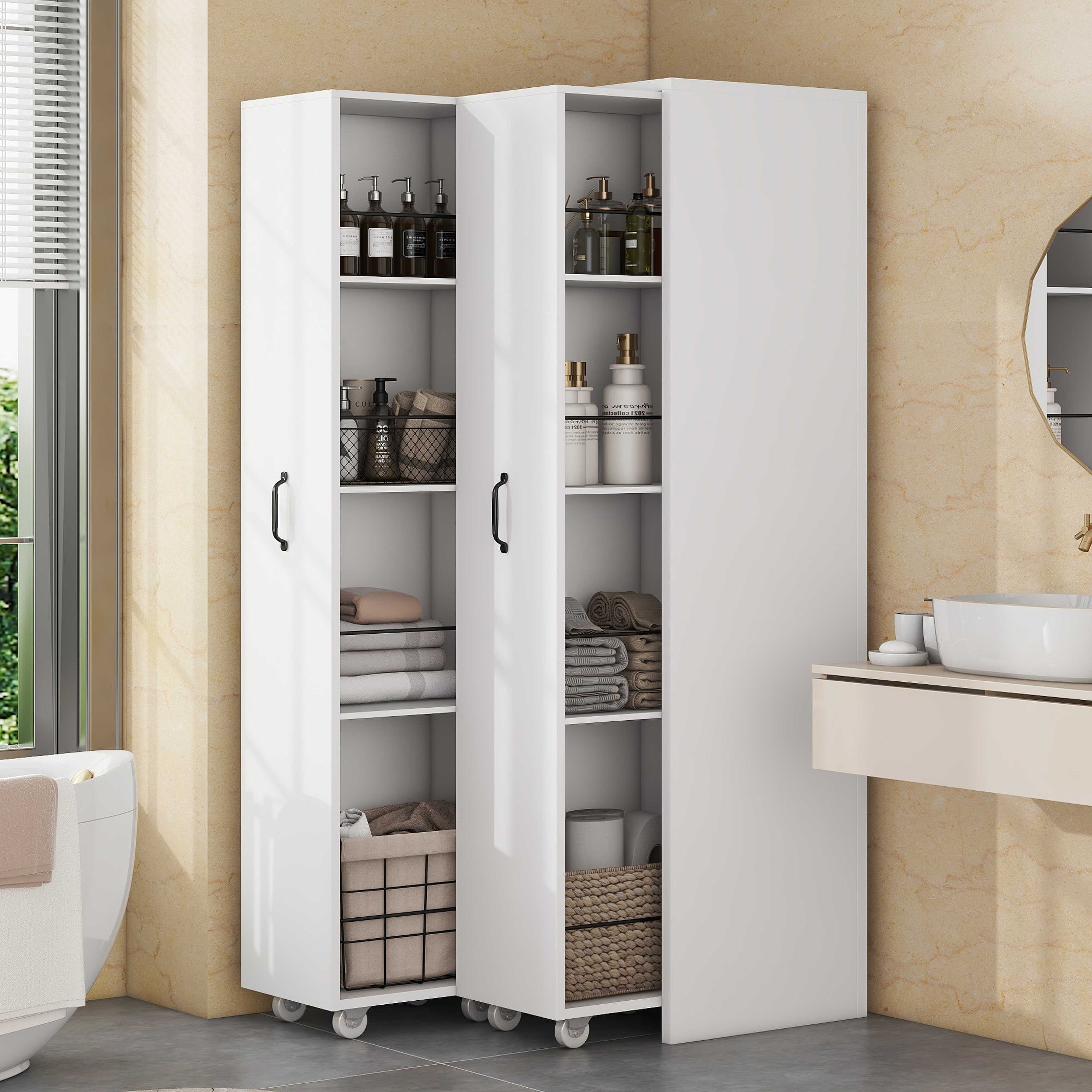 BlingBin Bücherregal Hochschrank, Ausziehbares Bücherregal auf Rollen, 2 Module, MDF, flexibel links/rechts platzierbar 1-tlg., mit …