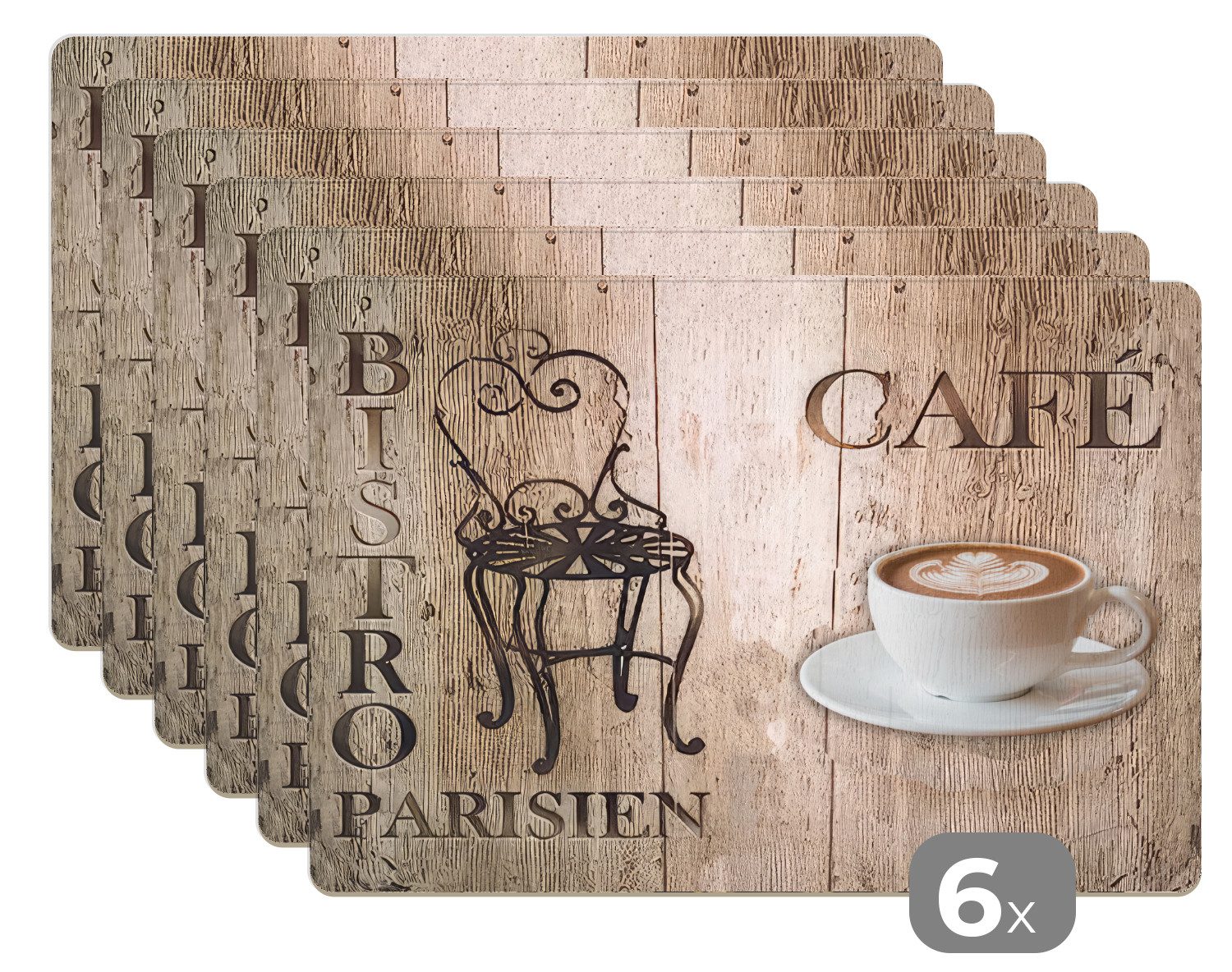 MuchoWow Platzset Bistro Parisien - Café - Kaffee - Jahrgang, (6-St), Platzsets, Tischset, Abwaschbar, Tischsets, Platzdeckchen