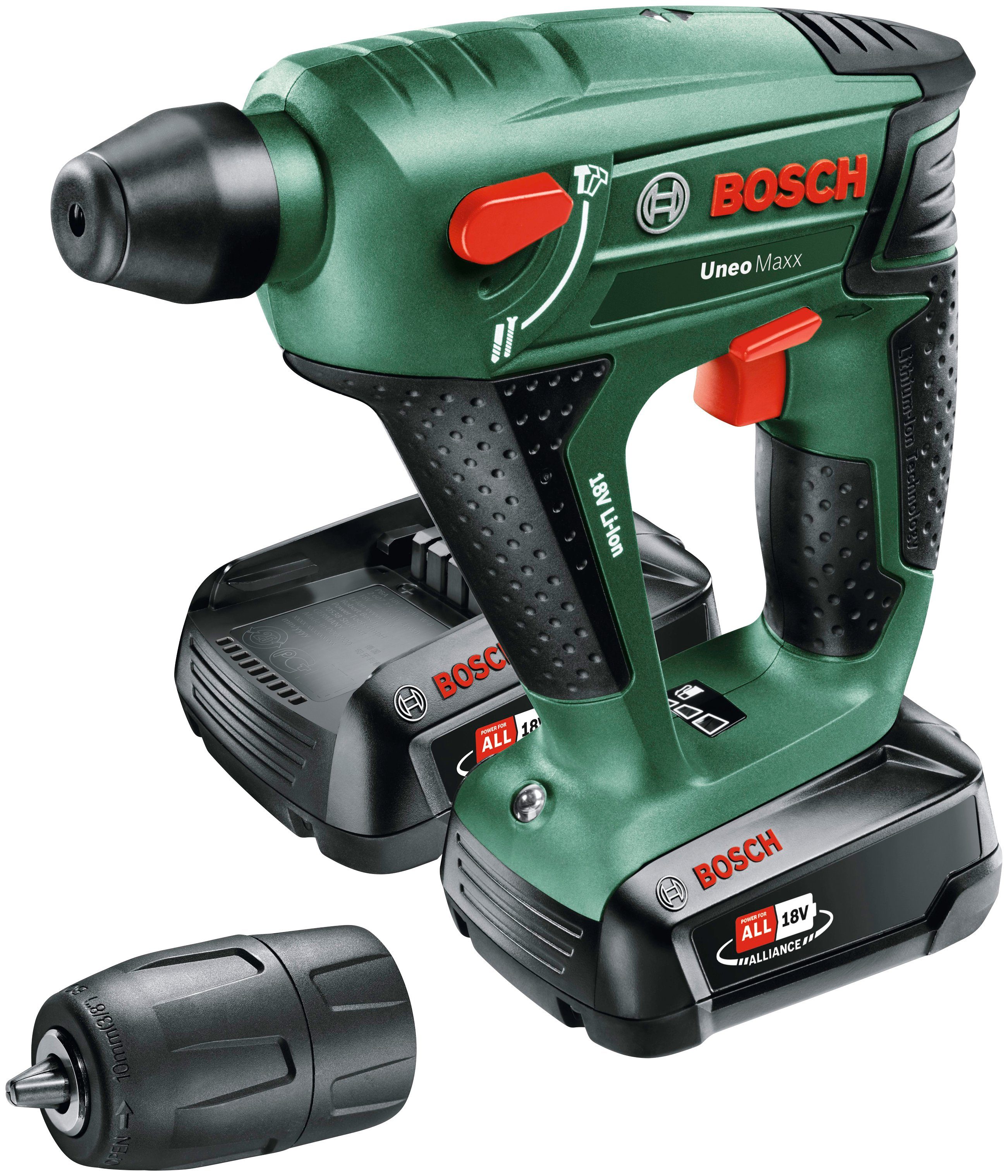 Bosch Home & Garden Akku-Bohrhammer Uneo Maxx, max. 900 U/min, (Set), inkl. 2 Akkus, Ladegerät, Koffer