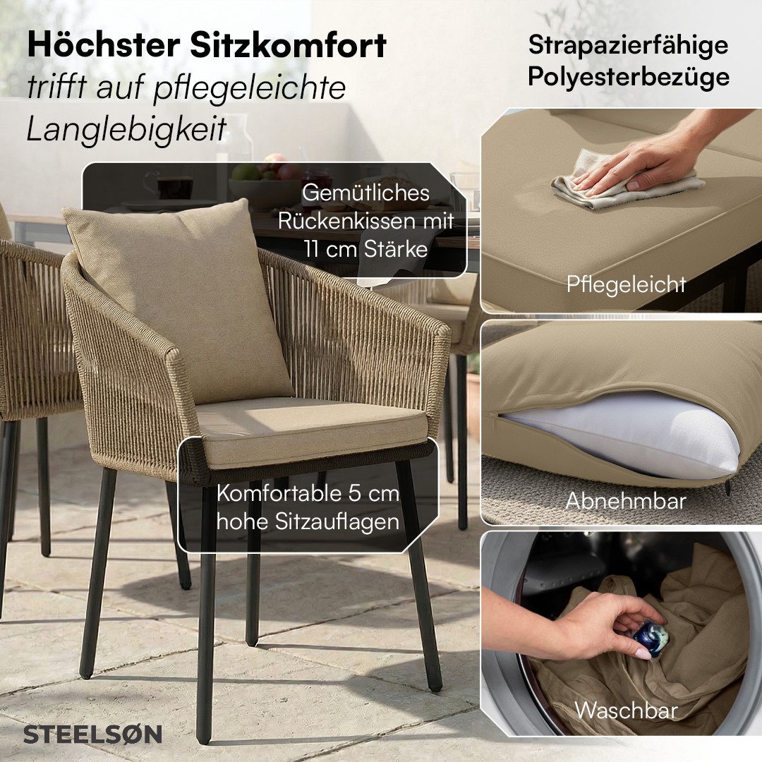 STEELSØN Gartenstuhl Nair mit Sitzauflagen & Kissen (2er Set, hellbraun), Gartensessel aus Polyrattan, elastisches Seilgeflecht, wetterbeständig