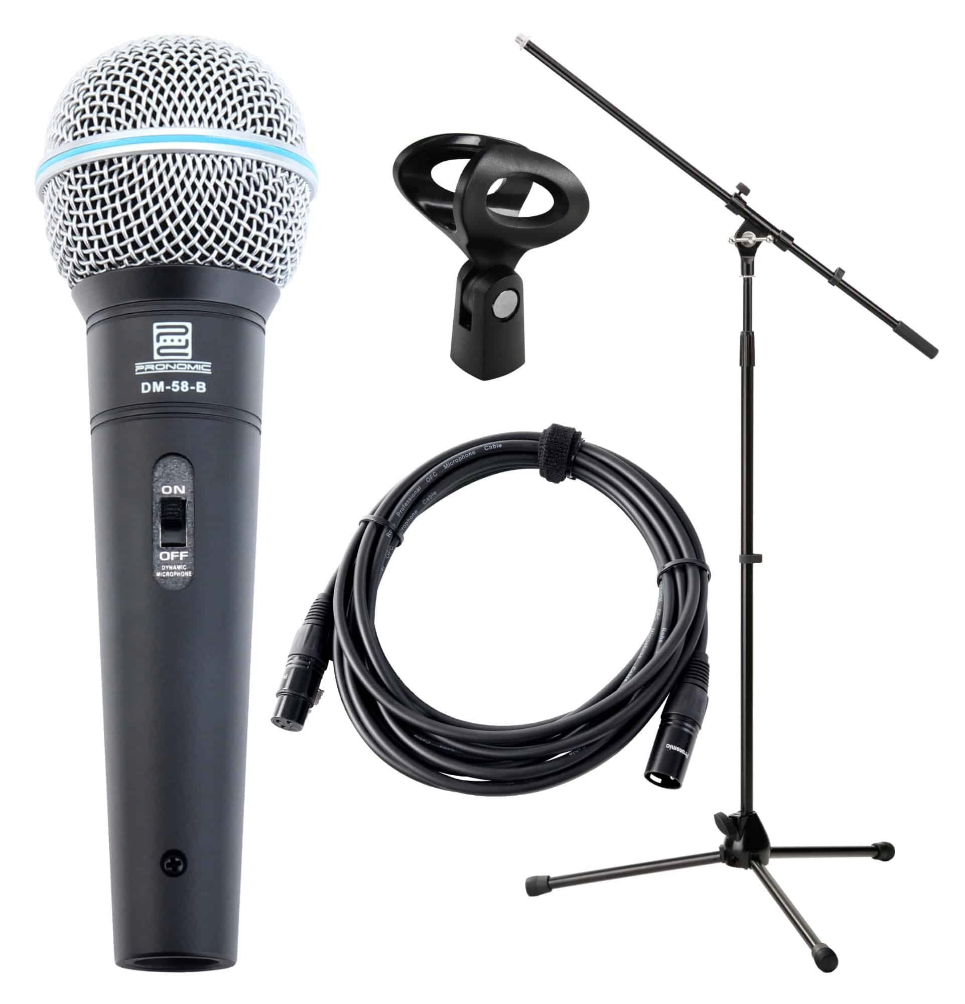Pronomic Mikrofon DM-58-B Vocal Dynamisches-Mikrofon (Starter-Set, 4-tlg), Inkl. Stativ, Klemme, Gewinde, Etui und Kabel