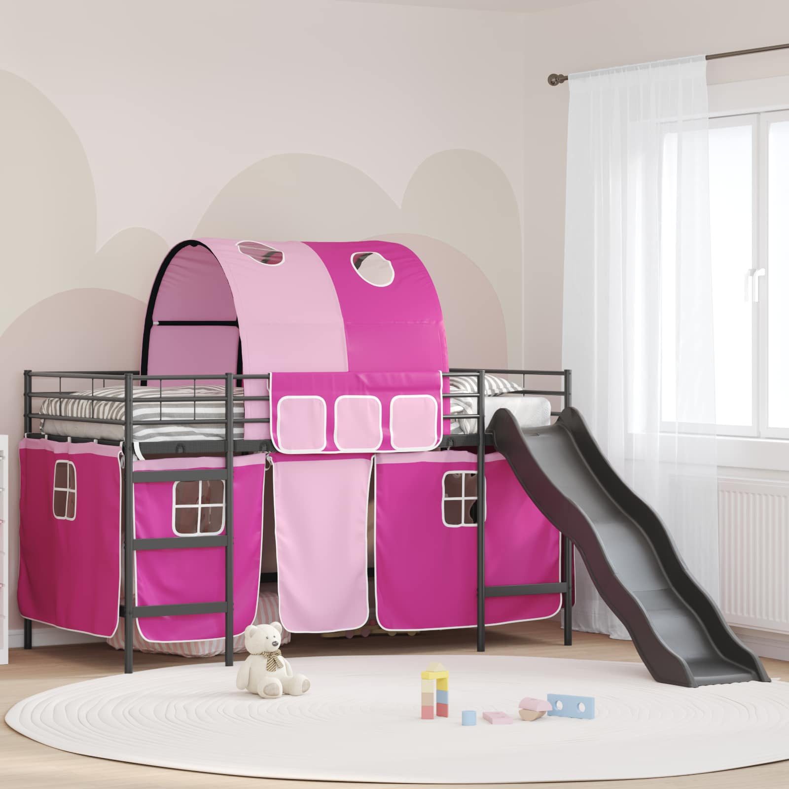 vidaXL Bett Etagenbett für Kinder mit Vorhängen Uni Schwarz und Pink Metall (1-tlg)