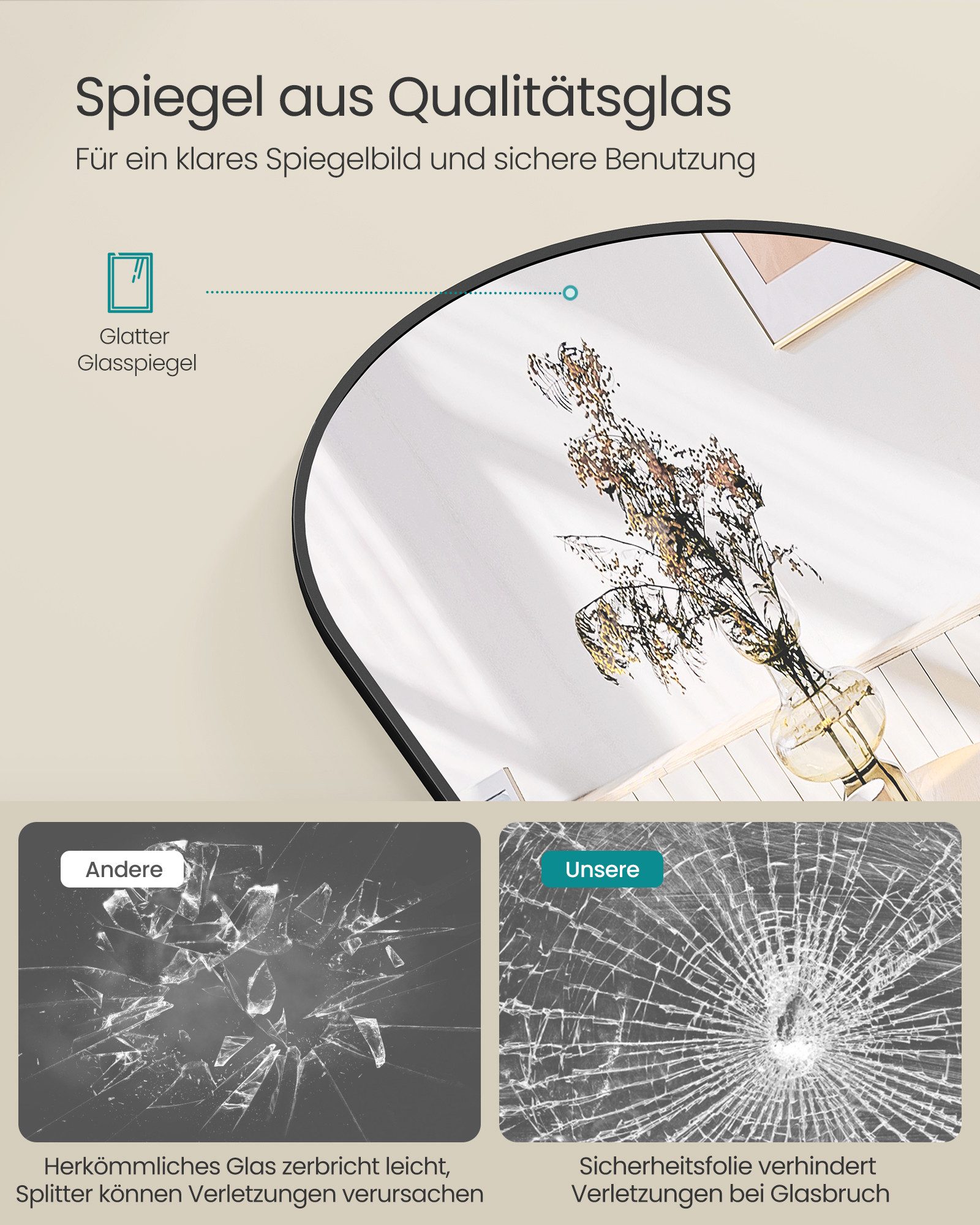 SONGMICS Wandspiegel Tür- und Wandbefestigung, Ganzkörperspiegel, rechteckiger & gewölbter, 120 x 40 cm (L x B)
