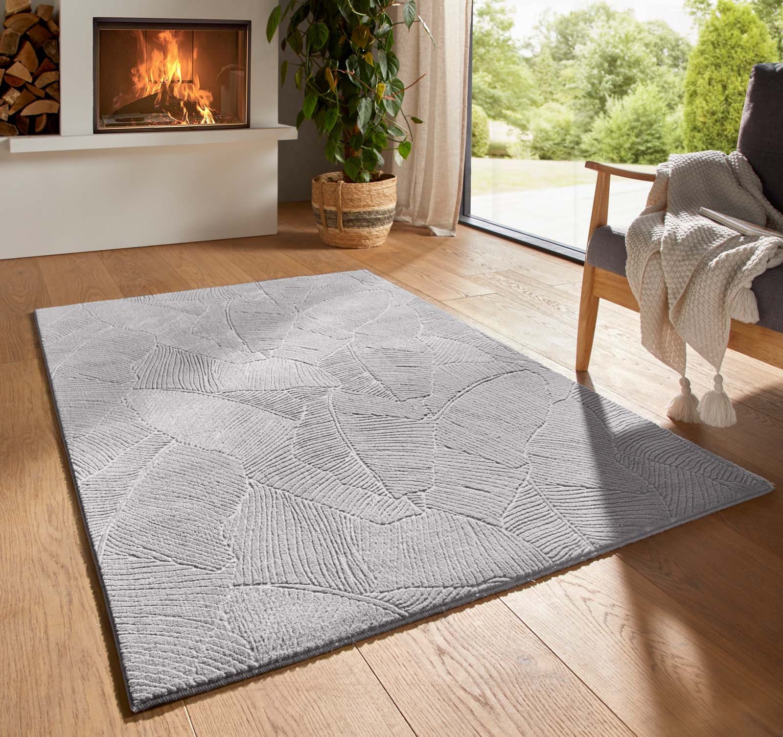 TaraCarpet Teppich TaraCarpet Homestyle 391 Blätter, rechteckig, Höhe: 10 mm, Felloptik hoch-tief weich waschbar floral grau 50x80