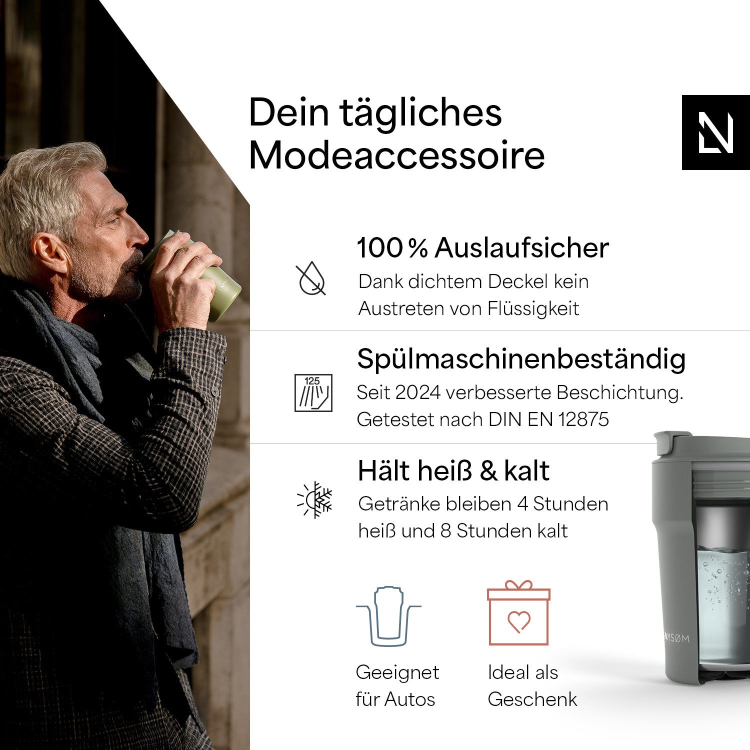 LARS NYSØM Thermobecher Bevægelse, 1-tlg., Thermobecher mit Vakuum Isolierung: 4h heiß / 8h kühl