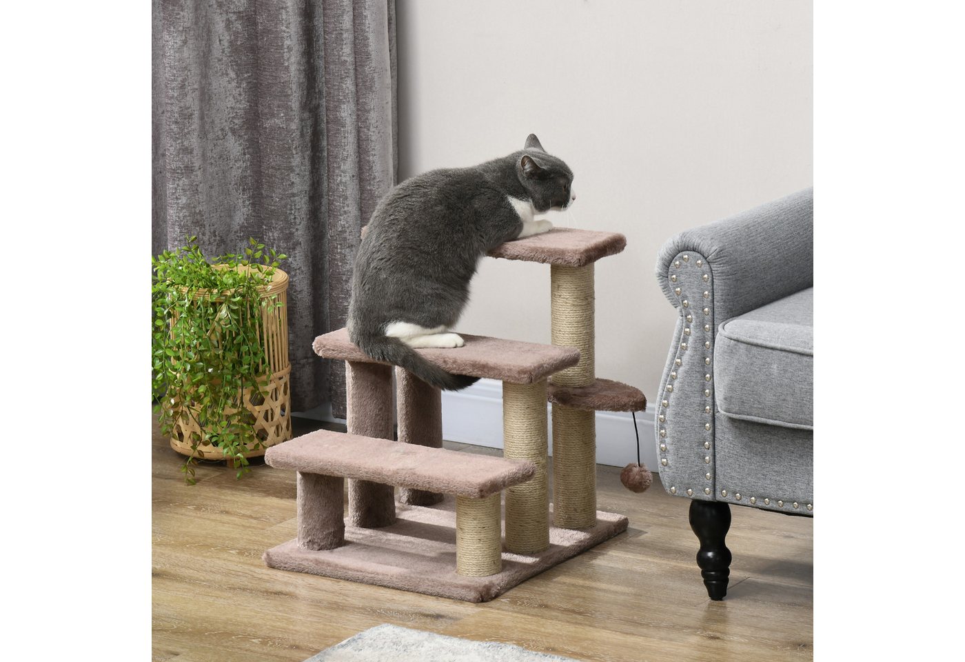 Thumbnail - PawHut Kratzbaum Hundetreppe Tiertreppe, mit Kratzbaum Ball, Braun
