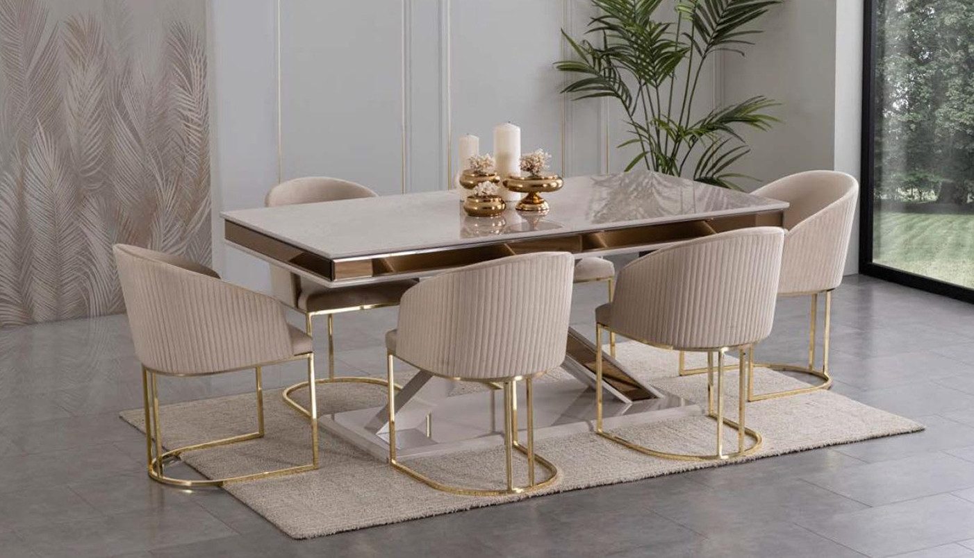 JVmoebel Esstisch Luxus Esstisch in Weiß & Gold Eleganter Säulentisch aus Holz SOFORT (1-St., Esstisch), Made in Europa