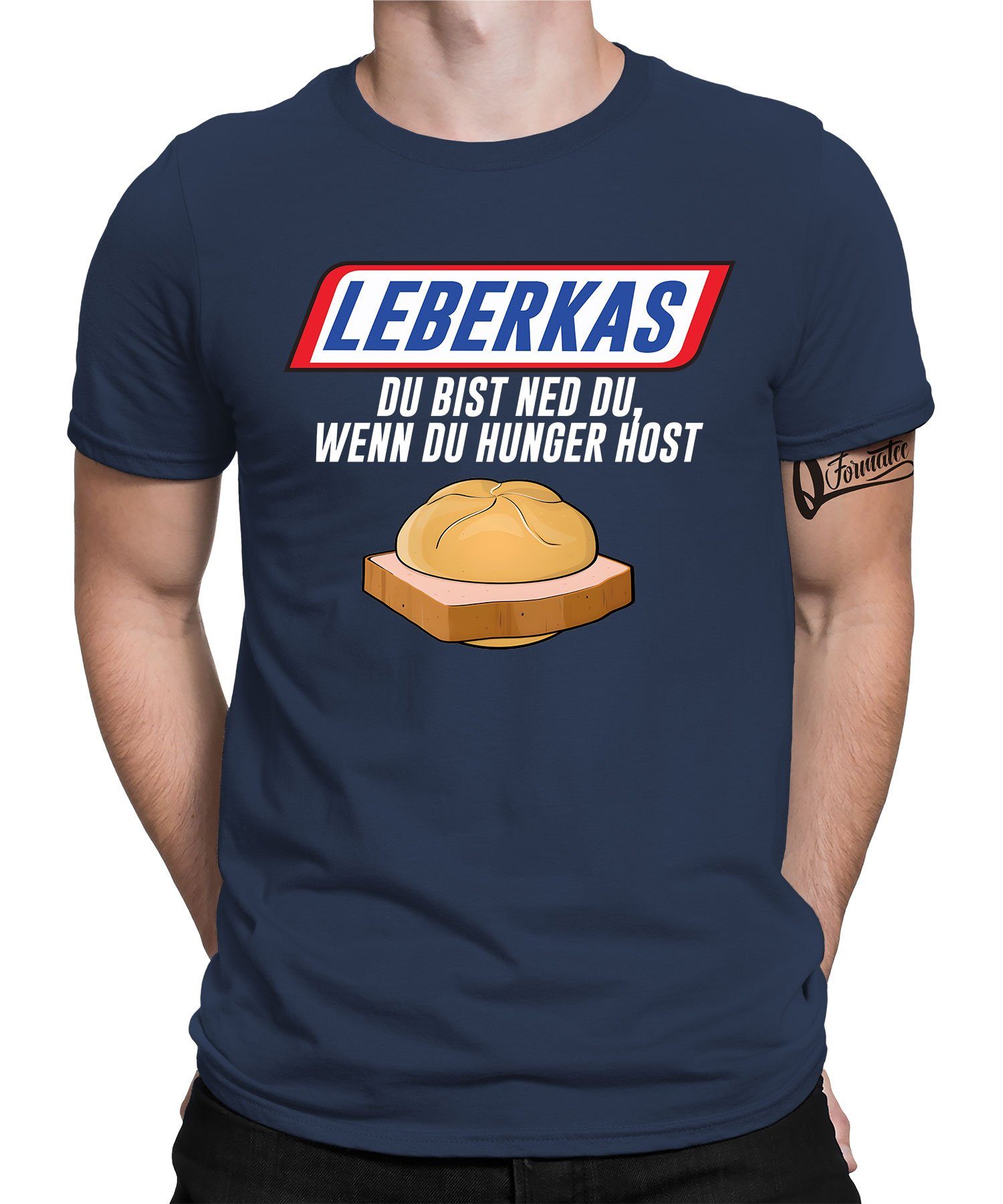 - Navy Quattro T-Shirt (1-tlg) Statement Spruch Formatee Blau Herren Hunger Lustiger Kurzarmshirt Leberkas