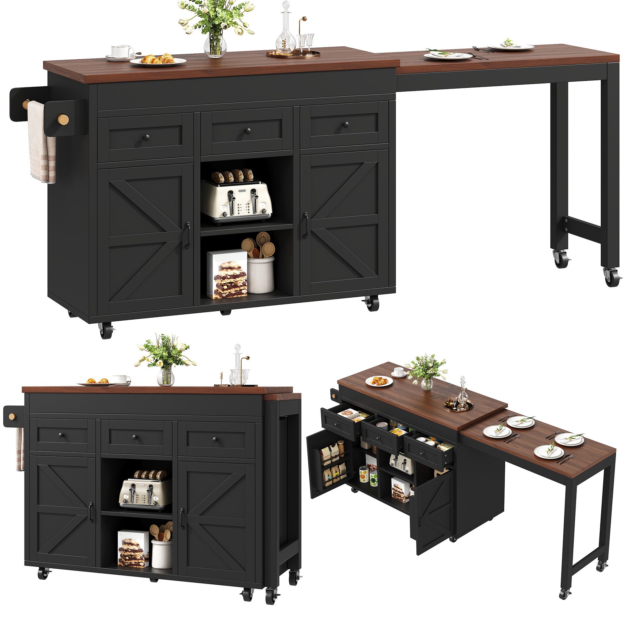 REDOM Kücheninsel Ausziehbarer Esstisch Bartisch, (mit Stauraum, ausziehbarer Esstisch Bartisch, 360° drehbare, mit Schubladen und Schränken)