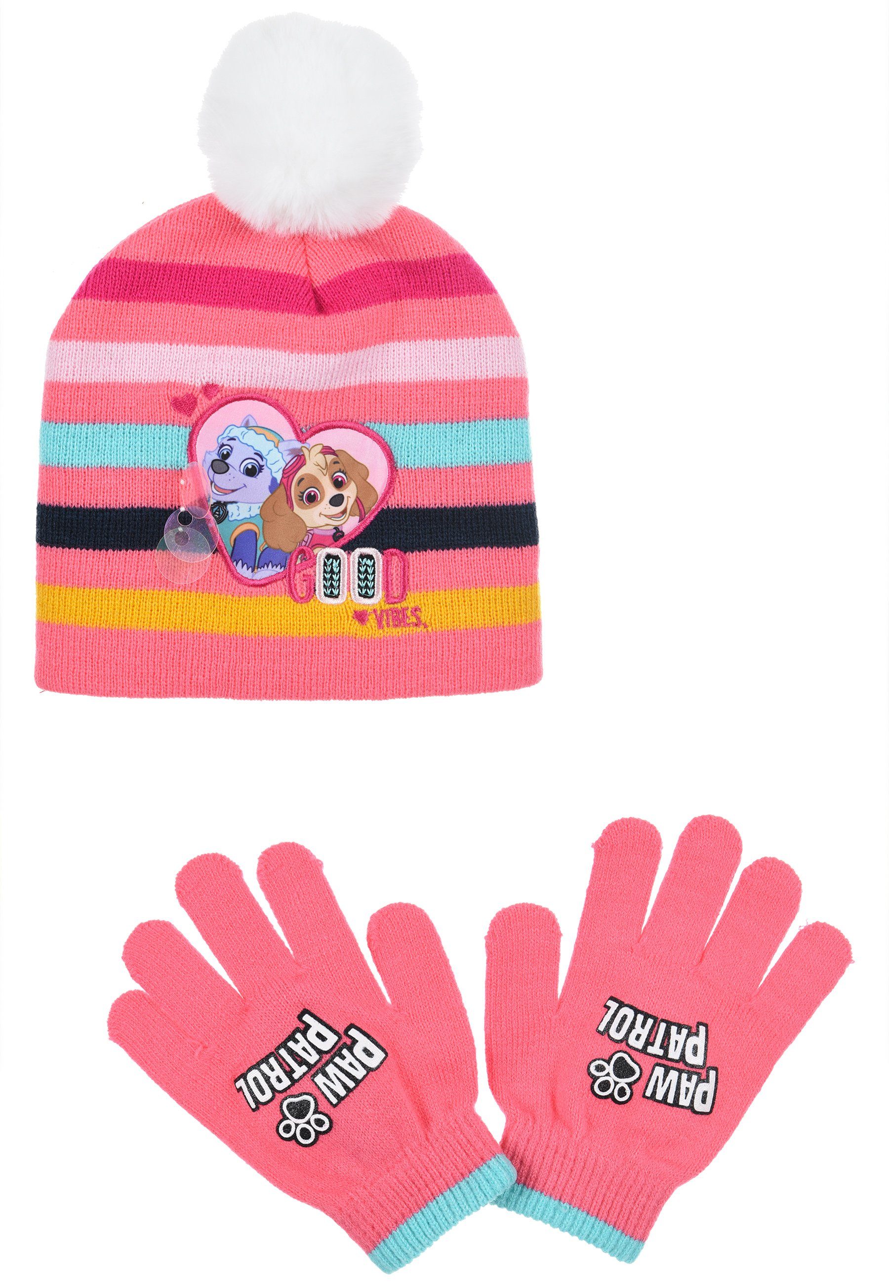 PAW PATROL Skye Everest 2 tlg. (SET) Winter-Set Handschuhe Mütze Bommelmütze Rosa Mädchen Kinder &