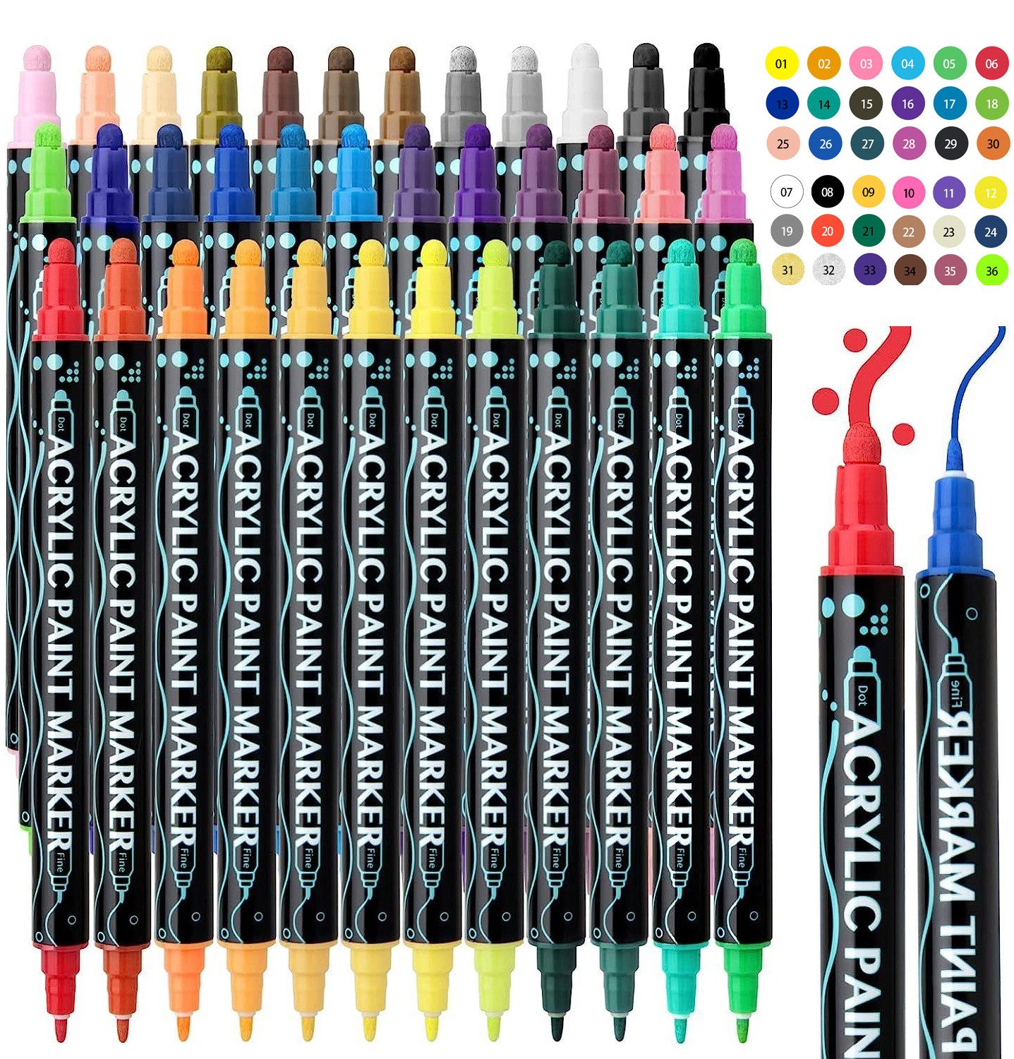 ZEUOPQ Lackmarker Acrylstifte Wasserfest leuchtende Farben Dual Tip Marker Stifte 36-tlg, (Wasserbasierte Acrylfarbe, Flexible Marker mit runder Spitze), für Papier,Leinwand, Glas, Keramik, Holz - Ideal zum Basteln,Bemalen