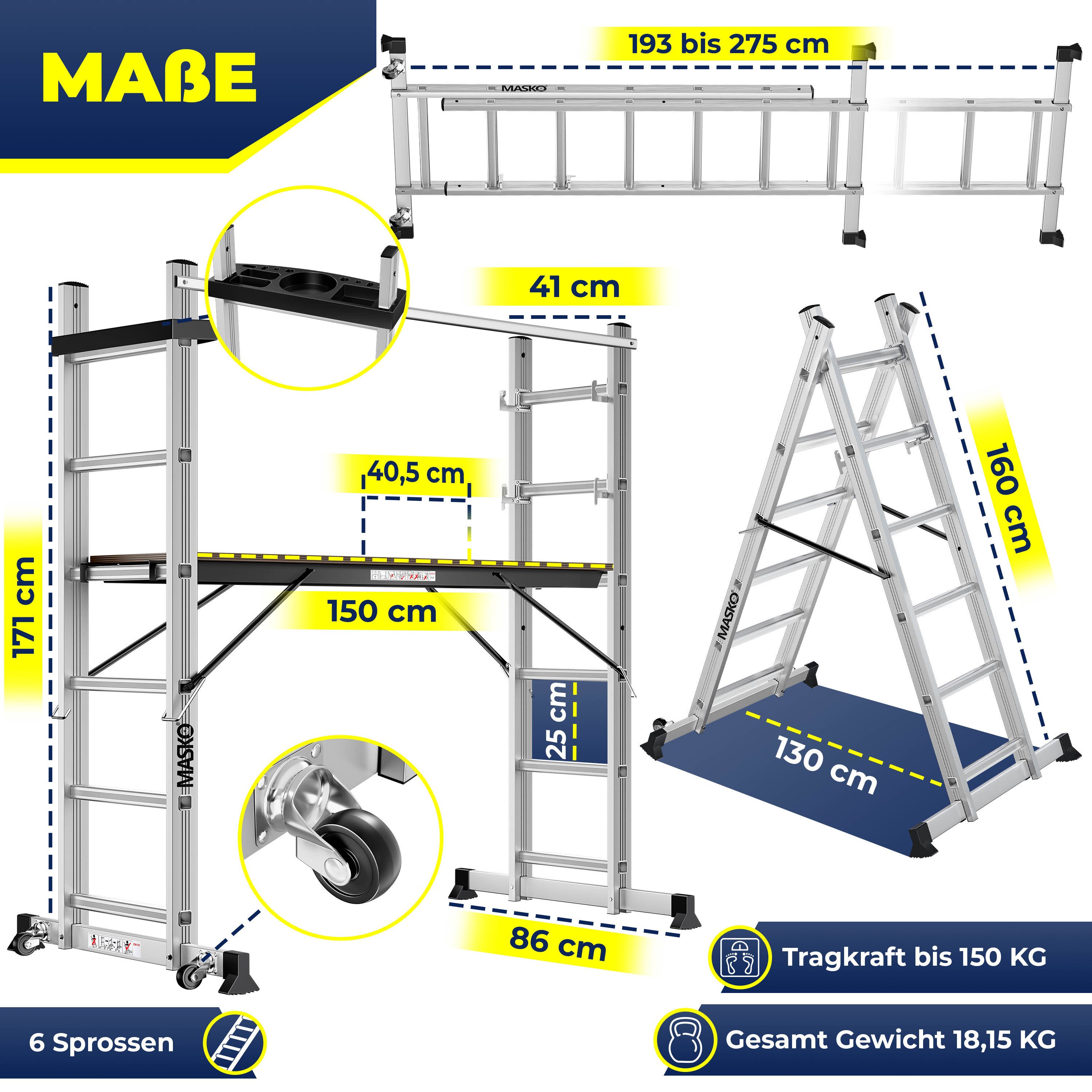 MASKO Arbeitsgerüst Baugerüst mit Arbeitsbühne 4in1 Mehrzweckleiter, bis 150kg belastbar, als Anlegeleiter, Bockeiter, Treppenleiter & Gerüstleiter nutzbar