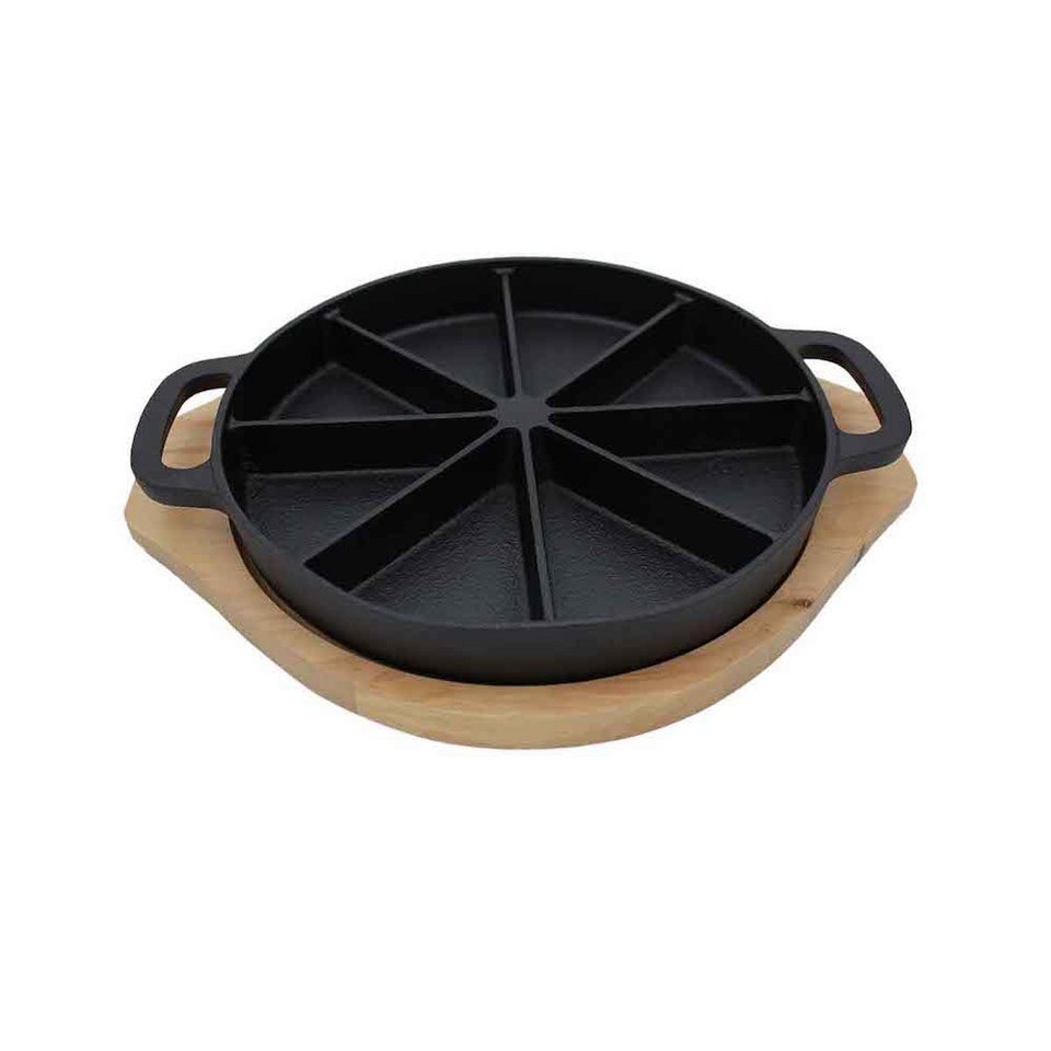 PROREGAL® Grillpfanne Wedge Pan mit Holz-Serviertablett Ø 21,5 x 3 cm,  Gusseisen, Gusseisen (2-tlg), Pfanne ist in 8 Bereiche geteilt