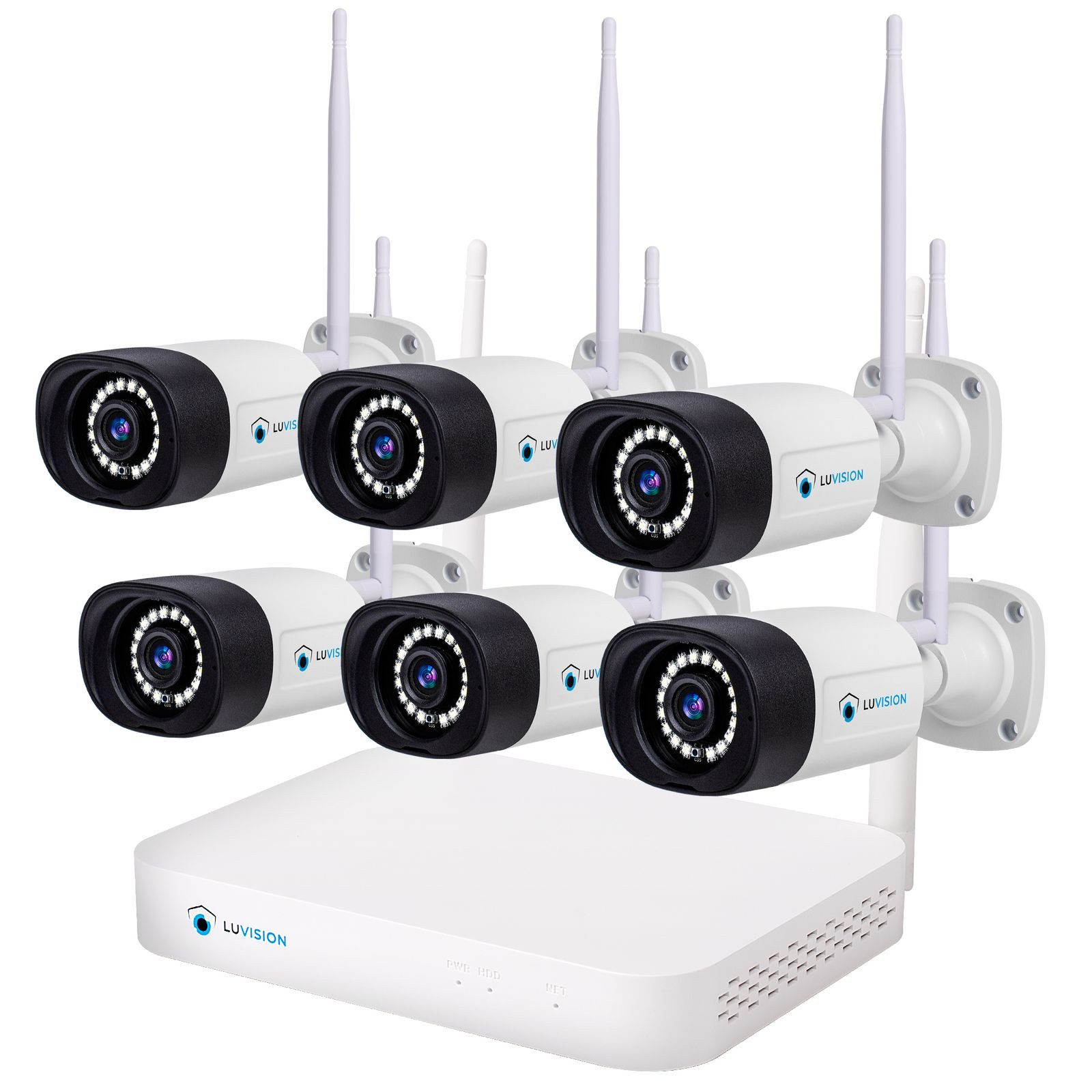 LUVISION Überwachungskamera K8508-W + PJ2151-W 6er (Außen- und Innenbereich, 6-tlg., WLAN Funk Überwachungssystem 6 x IP Überwachungskamera Set Mikrofon, Cloud, Audio, 10 Kanal NVR, Smarte farbige Nachtsicht)