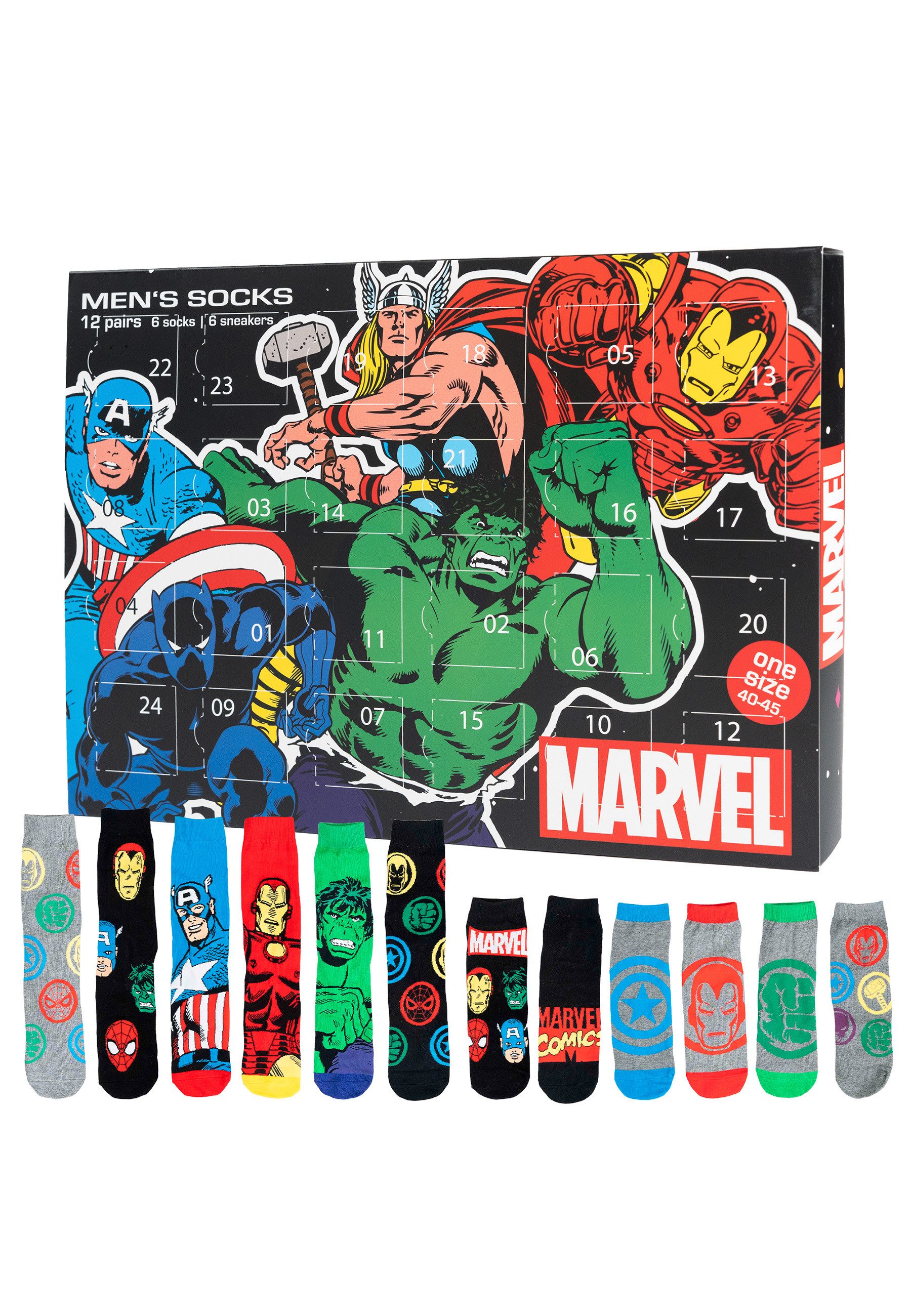 United Labels® Adventskalender Marvel Socken Adventskalender mit 12 Paar Socken kurz und lang