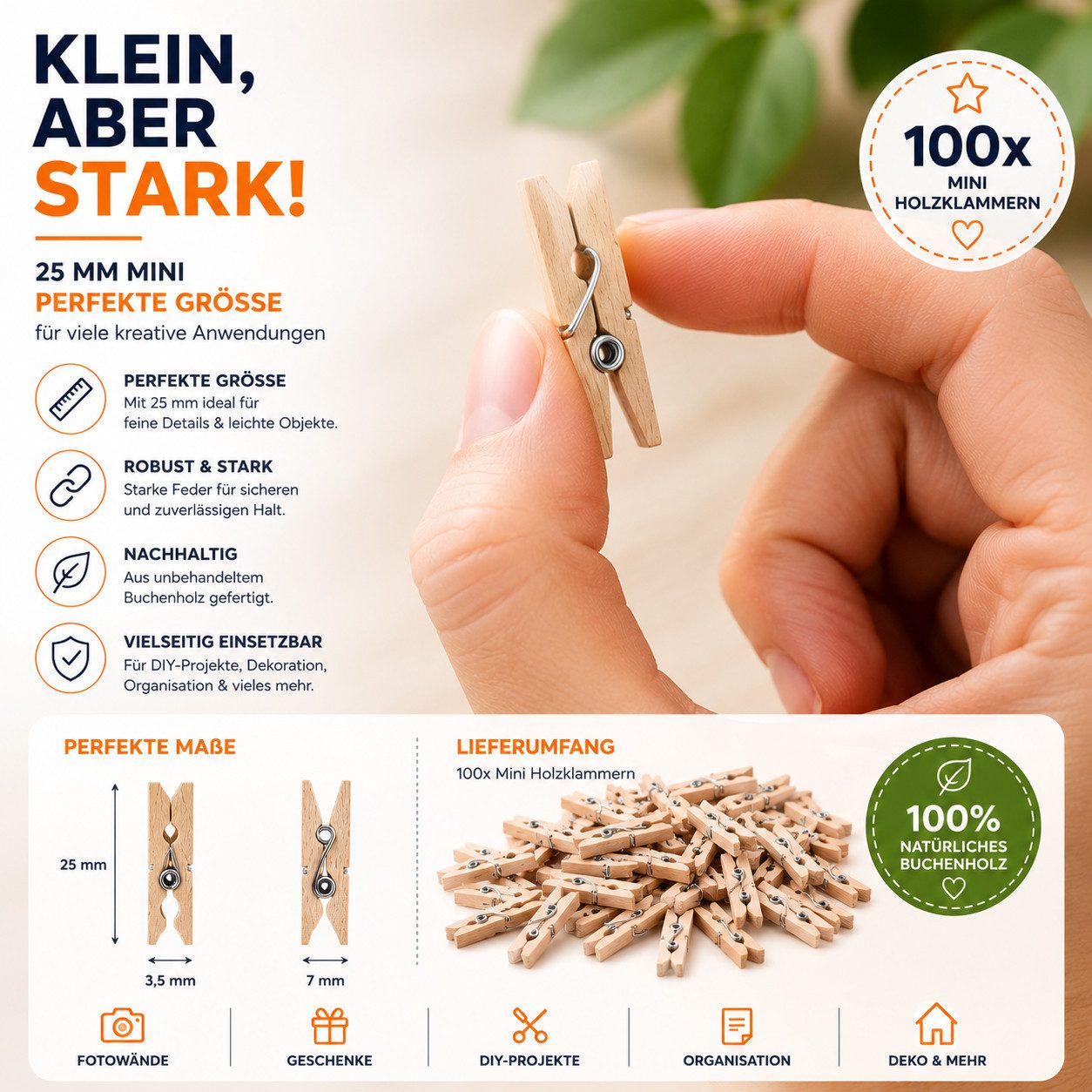 craftily Wäscheklammern 100 Mini-Holzklammern, 25 mm, für Fotos, Karten und Bastelarbeiten – Bild 2 von 5