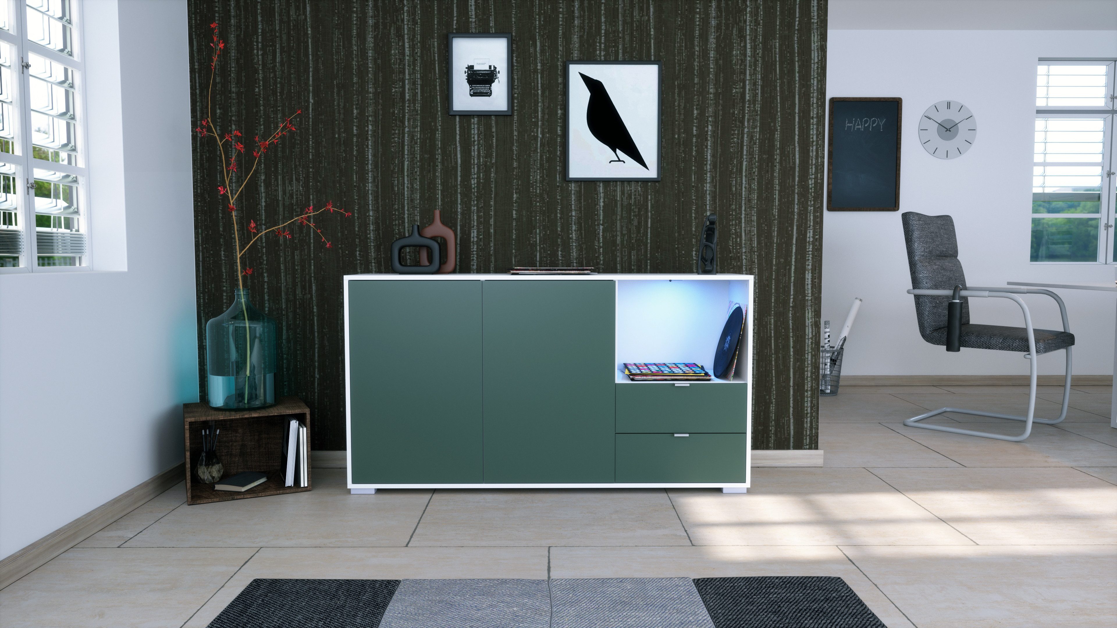 Vladon Sideboard Milano (Kommode mit 2 Türen Fjord Grün, 2 Schubladen Fjord Grün, inkl. LED, Made in Germany), Korpus Weiß matt (152,5 x 83 x 37 cm)