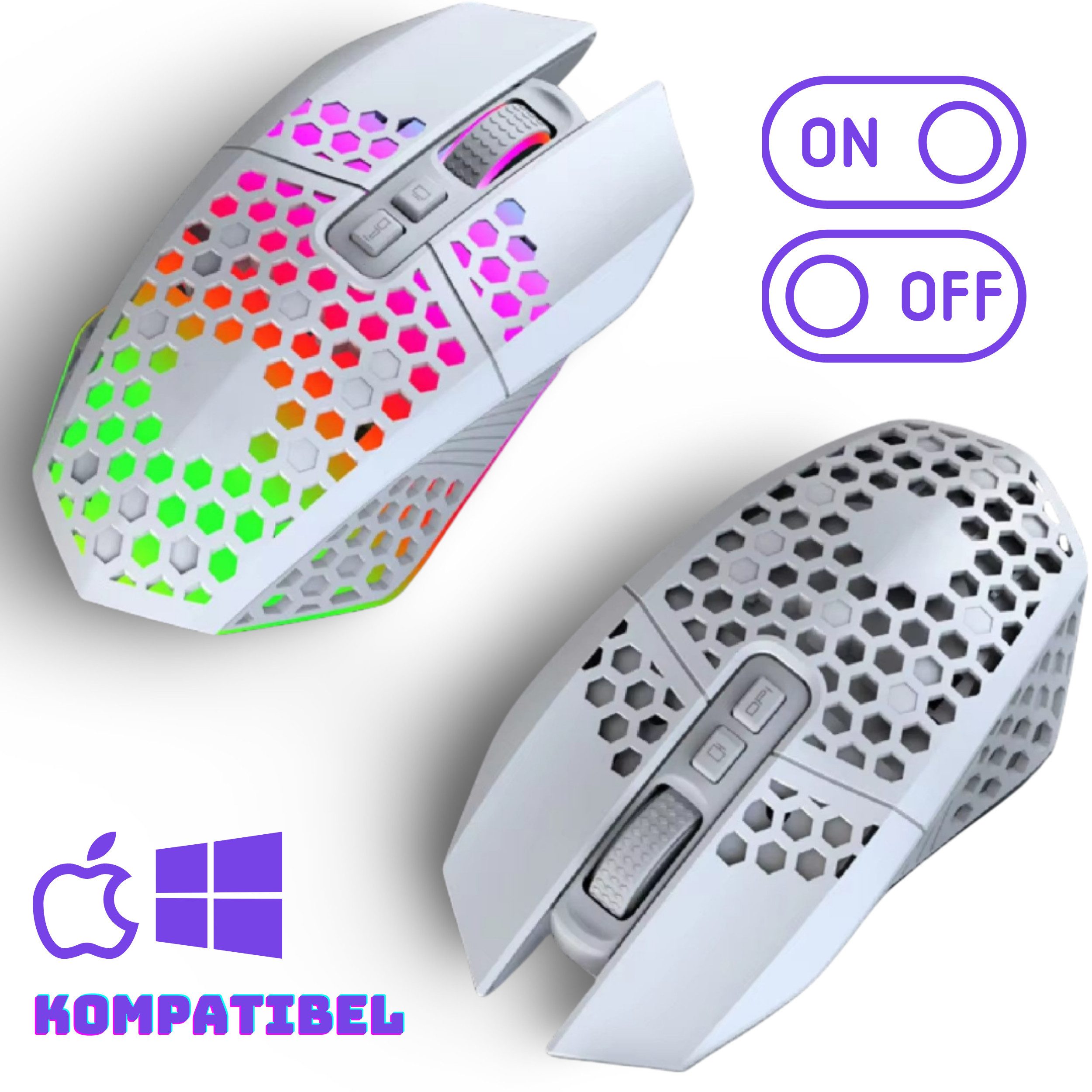RUHE RGB Gaming Maus Kabellos Wireless Leise Weiß Schwarz USB Fixed RGB Gaming-Maus (Funk, bis zu 120h Akkulaufzeit Wireless Gamer Maus für PC, Mac, Laptop, Wei – Bild 4 von 5