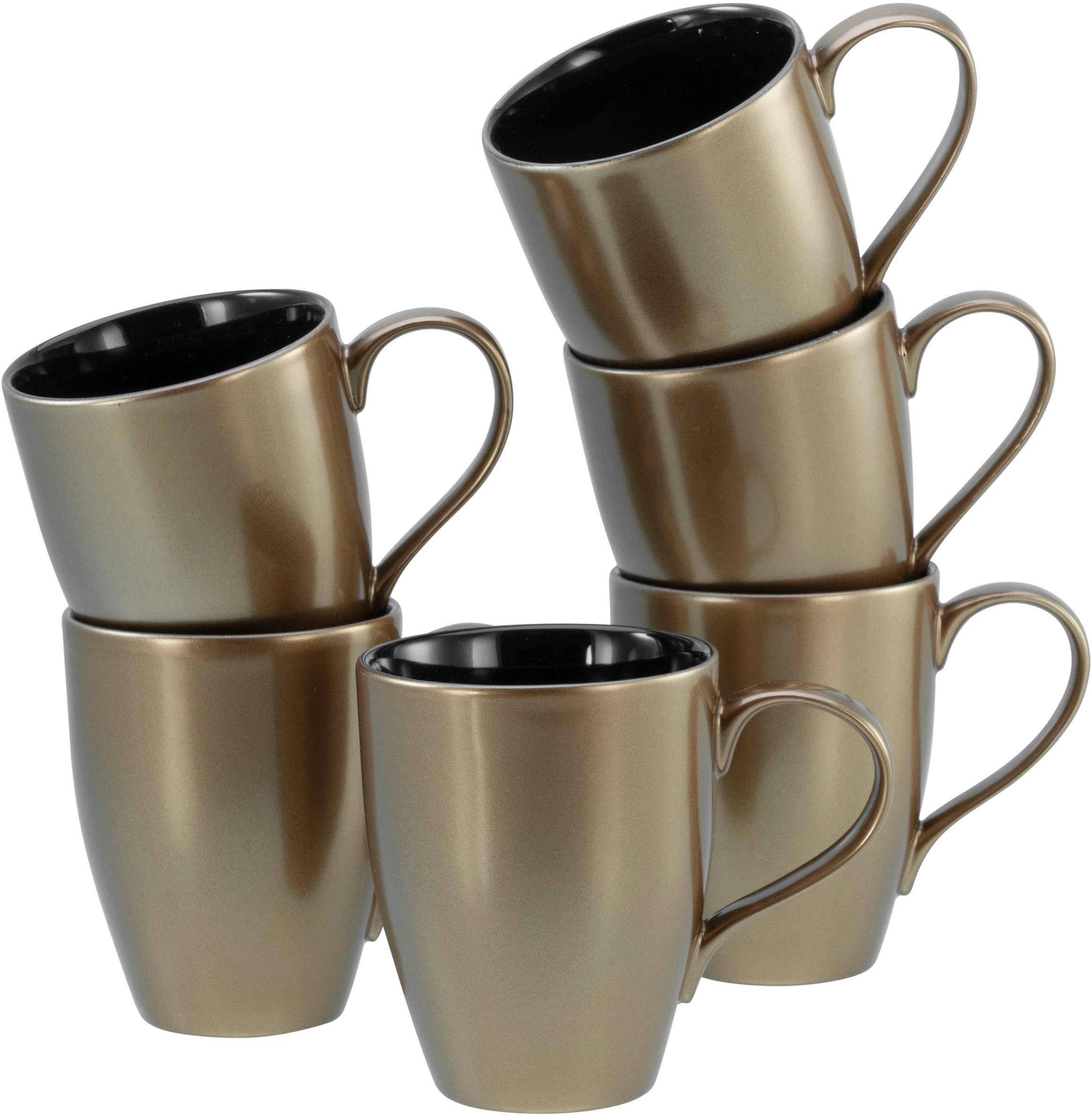 CreaTable Кружки Golden Days Schwarz, Кружкиset, 6-tlg., Steinzeug, Goldfarbene Spezialglasur