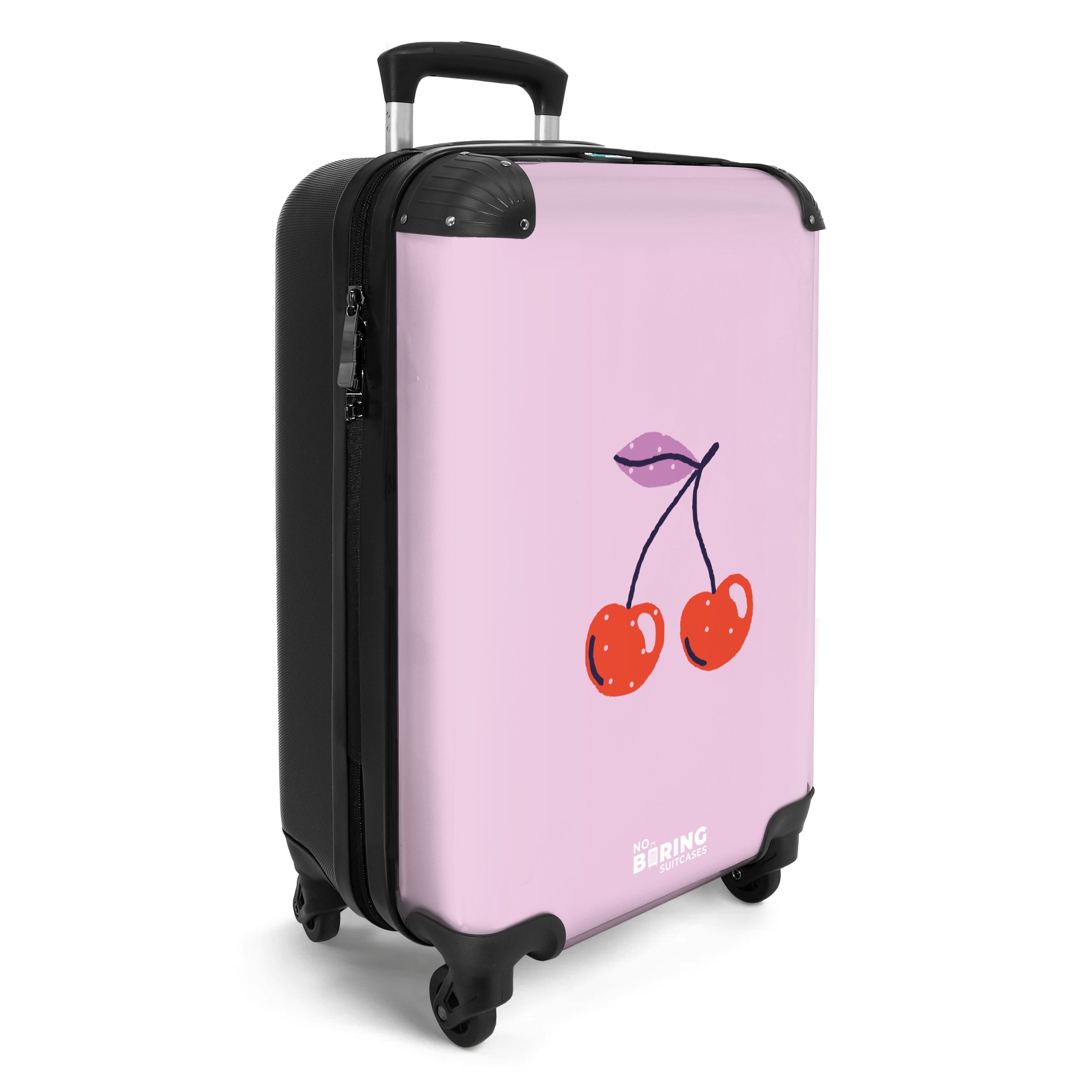 NoBoringSuitcases.com© Hartschalen-Trolley Lila mit roter Kirsche günstig online kaufen