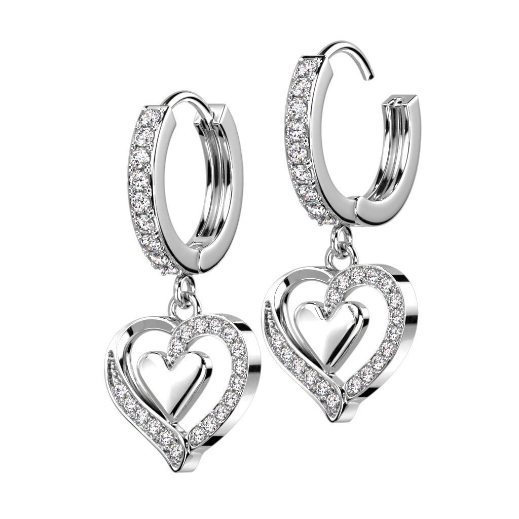BUNGSA Creolen-Set Creolen mit Herzanhänger und Kristallen silber aus Edelstahl Damen (1 Paar (2 Stück), 2-tlg), Ohrschmuck Ohrringe