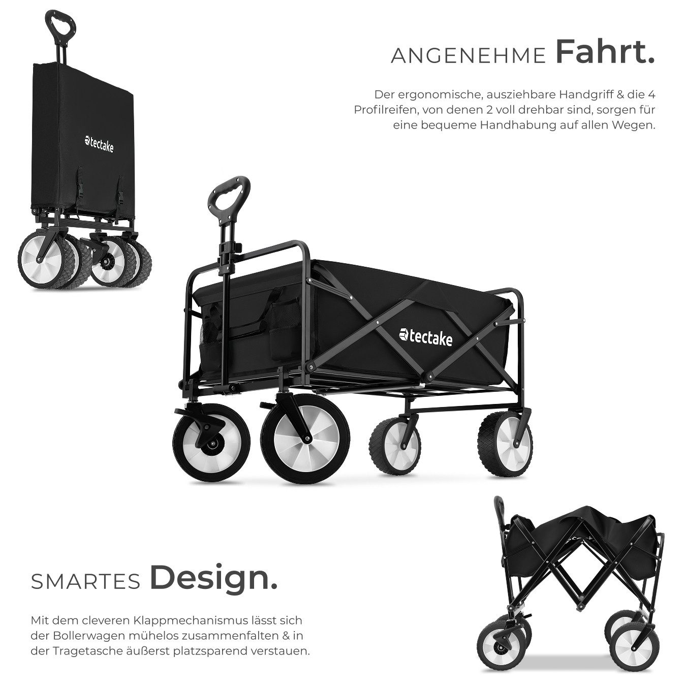 tectake Bollerwagen Faltbarer Handwagen Leon mit Bremsen, Belastbarkeit 80kg (1 Transportwagen, 1-tlg., 97L Volumen in Schwarz), abnehmbarer Stoffeinsatz mit 2 Netztaschen, gepolsterter Griff