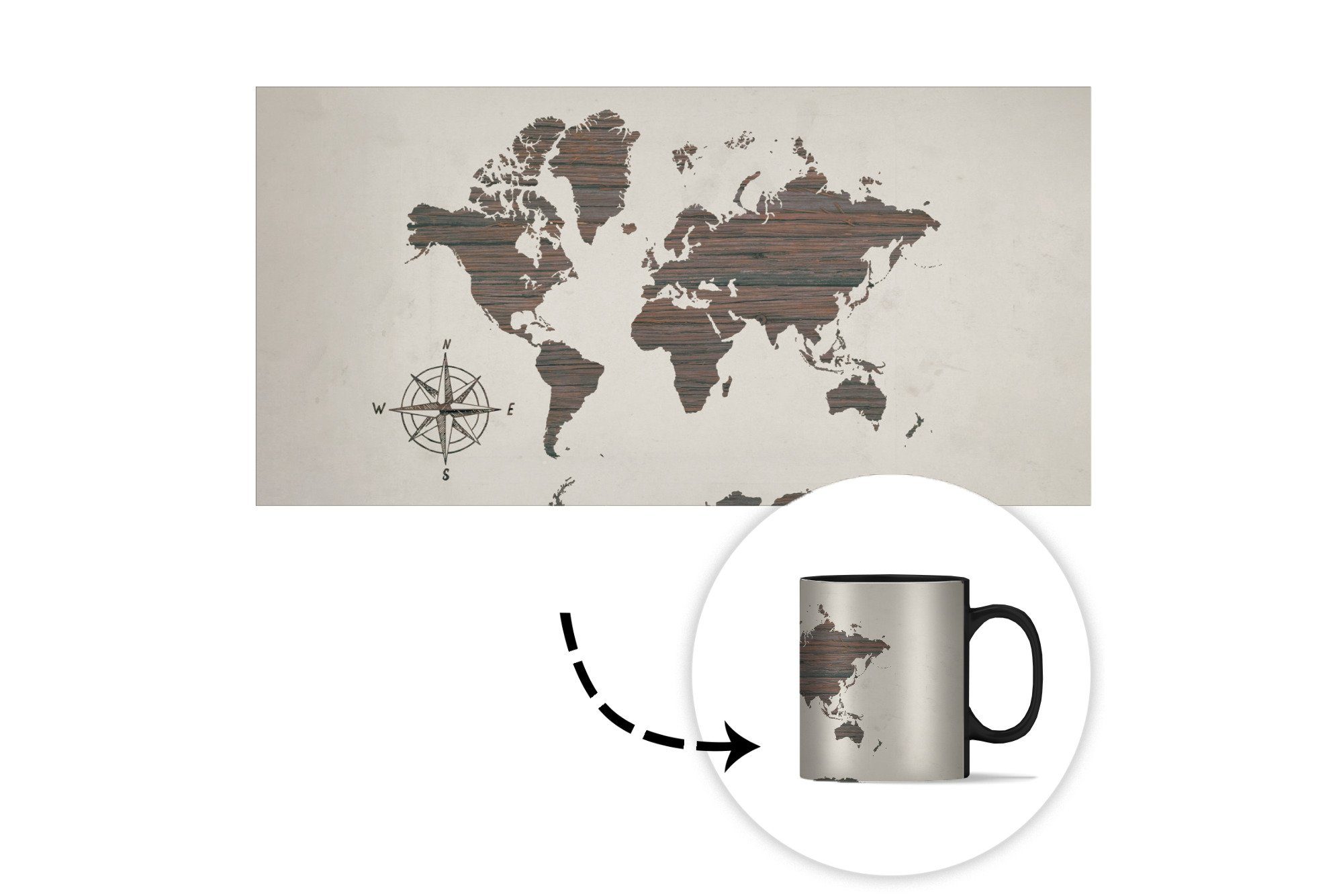 - Tasse Weltkarte Teetasse, Geschenk Farbwechsel, Braun, Kaffeetassen, - Zaubertasse, Keramik, MuchoWow Holz