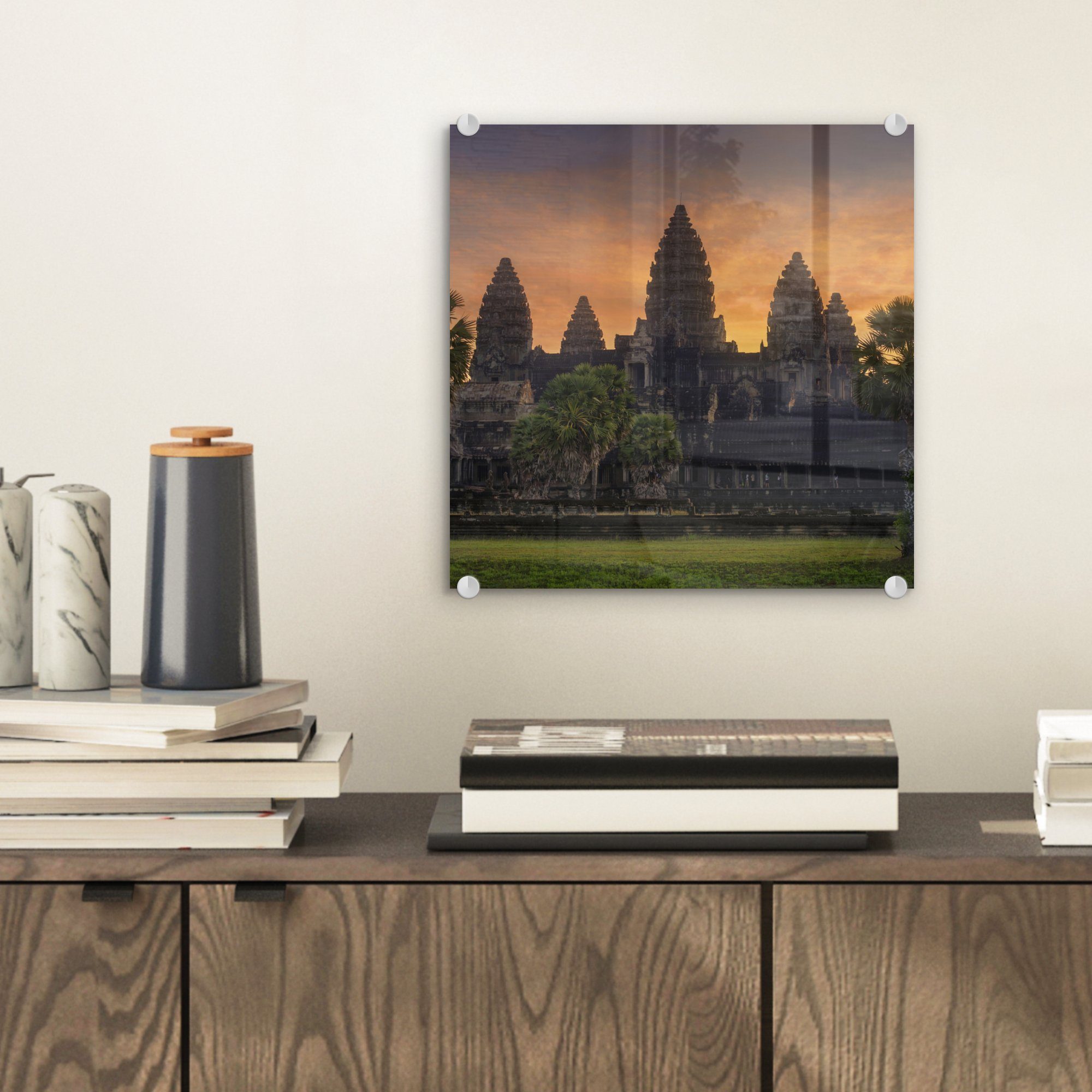 in - Bilder (1 - - St), Glas auf Foto Glas Acrylglasbild Sonnenaufgang Wanddekoration Glasbilder MuchoWow Wandbild Angkor Wat, auf