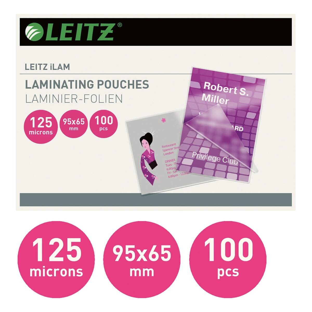 LEITZ Laminierfolie iLAM pouch, 125 µm, 100 St., 95x65 mm, 125 mic, glänzend