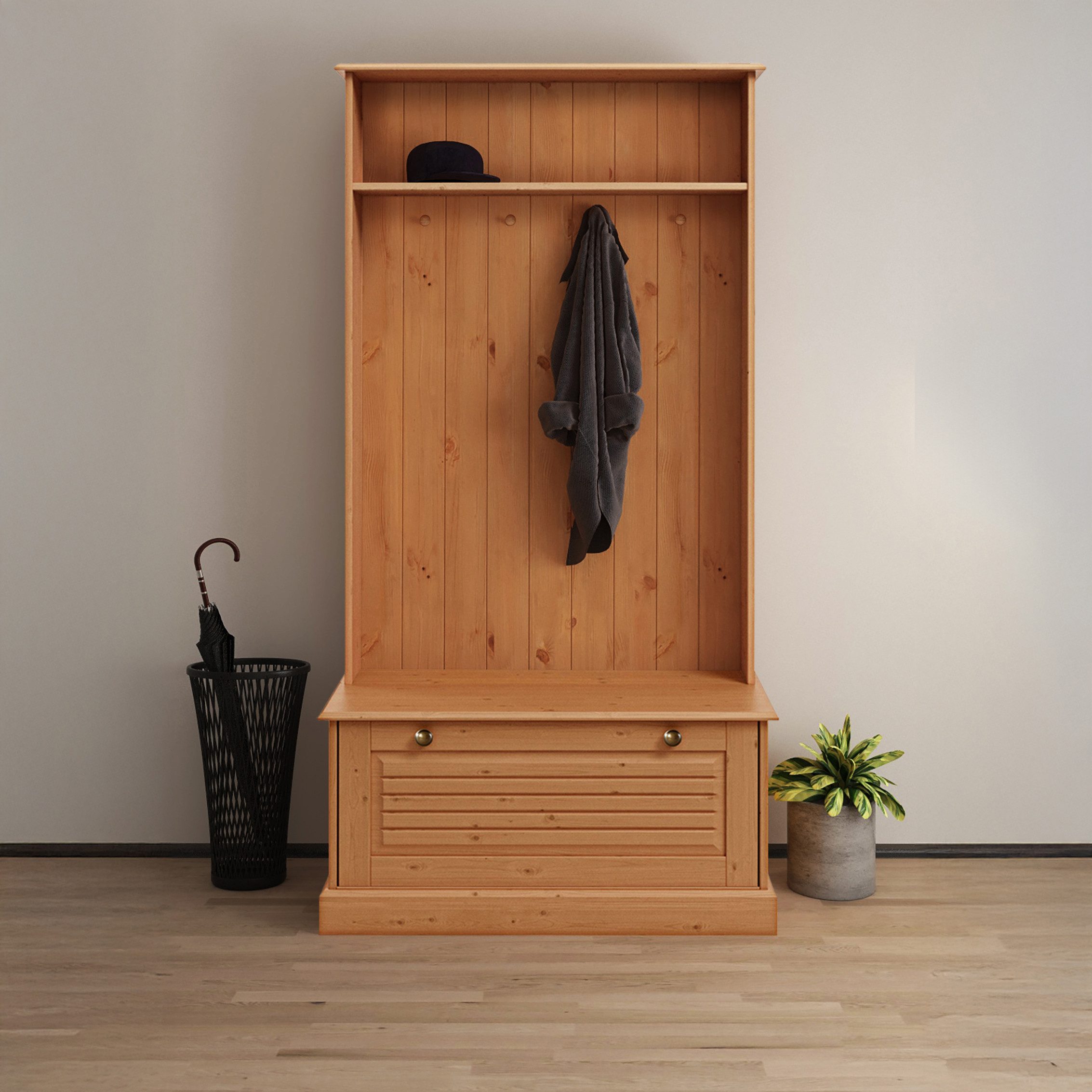 loft24 Kompaktgarderobe Martin - Garderobe Flurgarderobe Dielengarderobe Garderobenwand 4 Kleiderhaken, Schuhbank, Kiefer Massivholz, Landhausstil