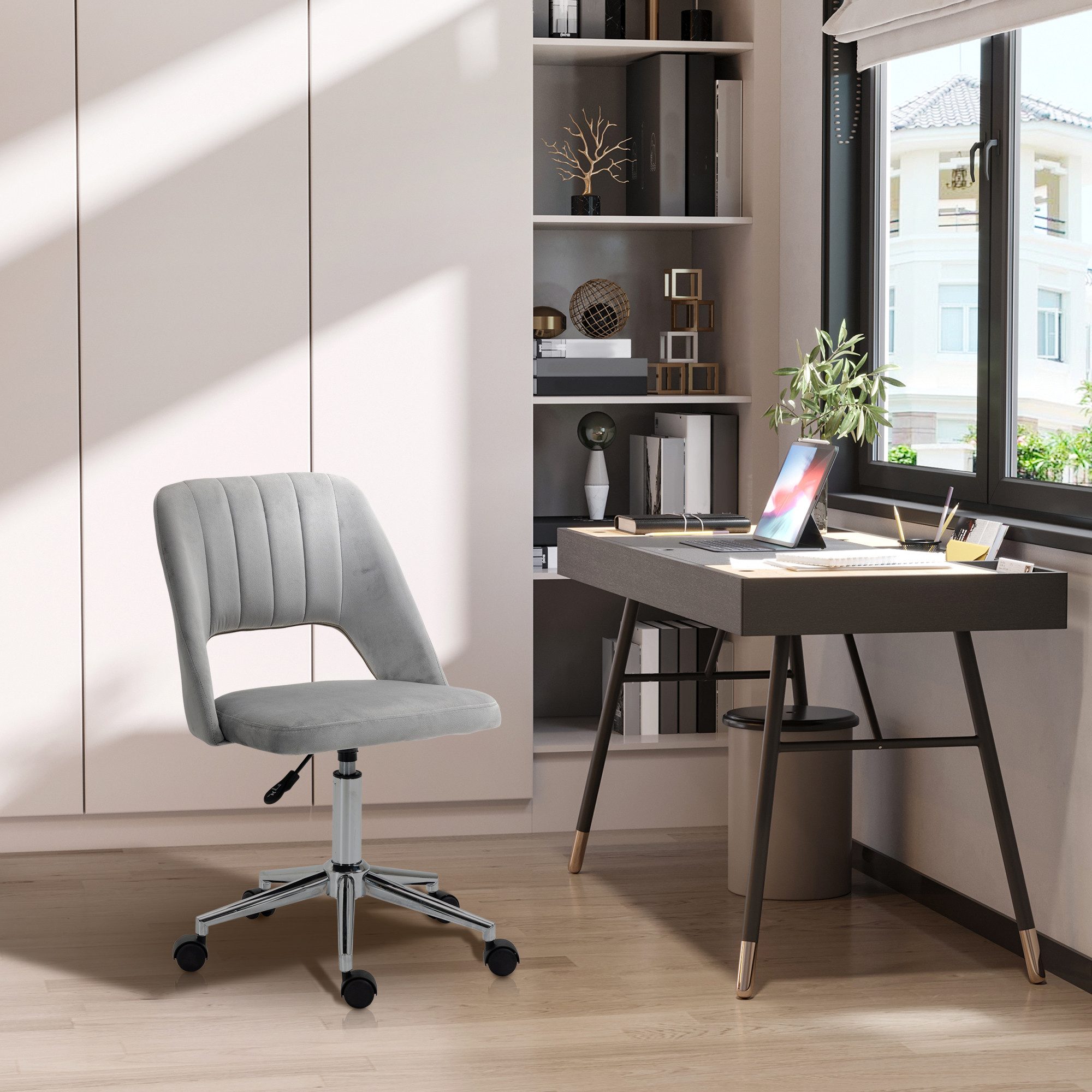 Vinsetto Bürostuhl Homeoffice Stuhl höhenverstellbar Drehstuhl bis 120 kg belastbar (drehbar Homeoffice Stuhl, 1 St), Ergonomisch Schminkstuhl für Schlafzimmer, Arbeitszimmer, Grau