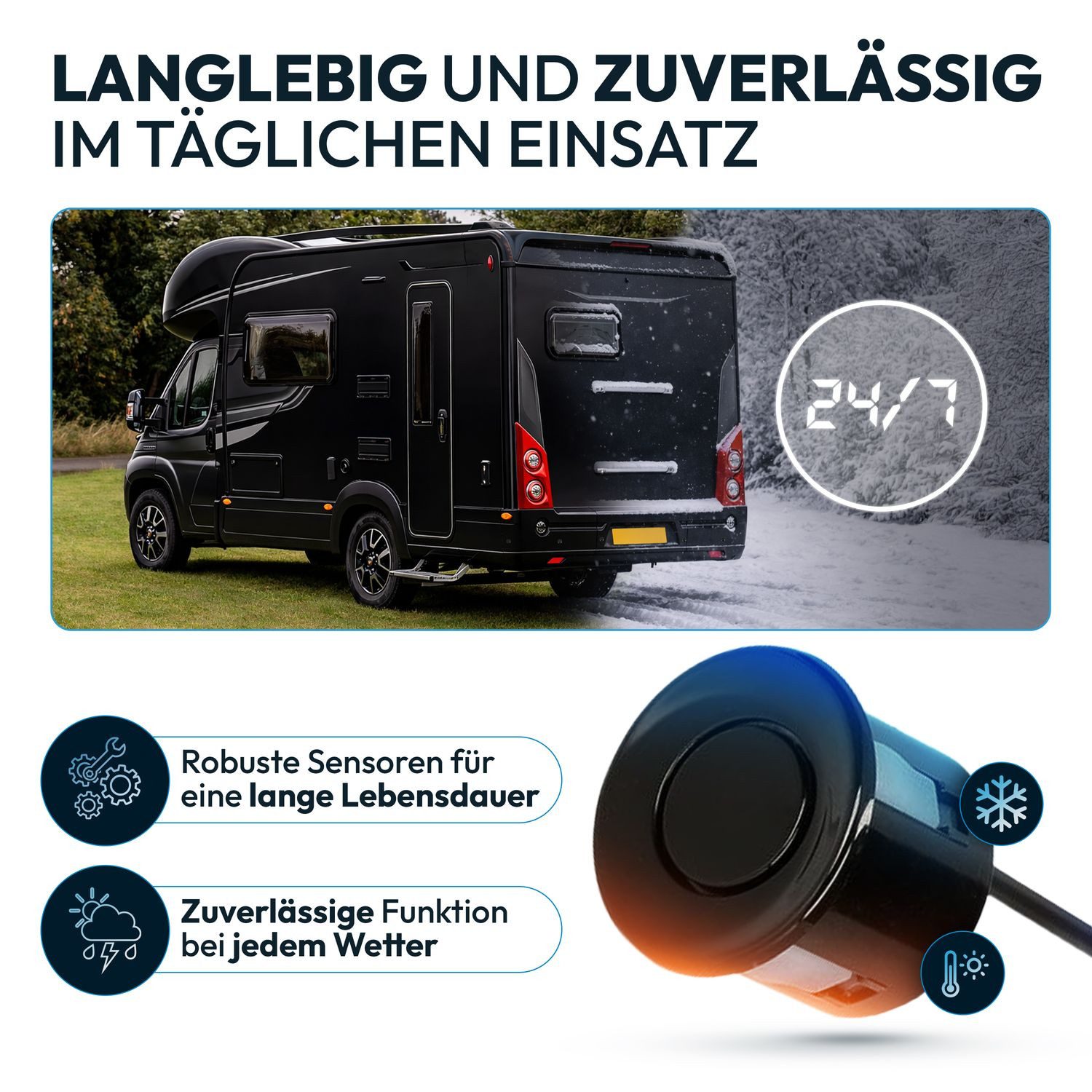 VSG24 Premium Einparkhilfe ECHO PLUS WOHNMOBIL Parkhilfe zum nachrüsten PDC Rückfahrkamera (Rückfahrwarner mit Lautsprecher & 6 Sensoren Stecksystem Nachrüstsatz)
