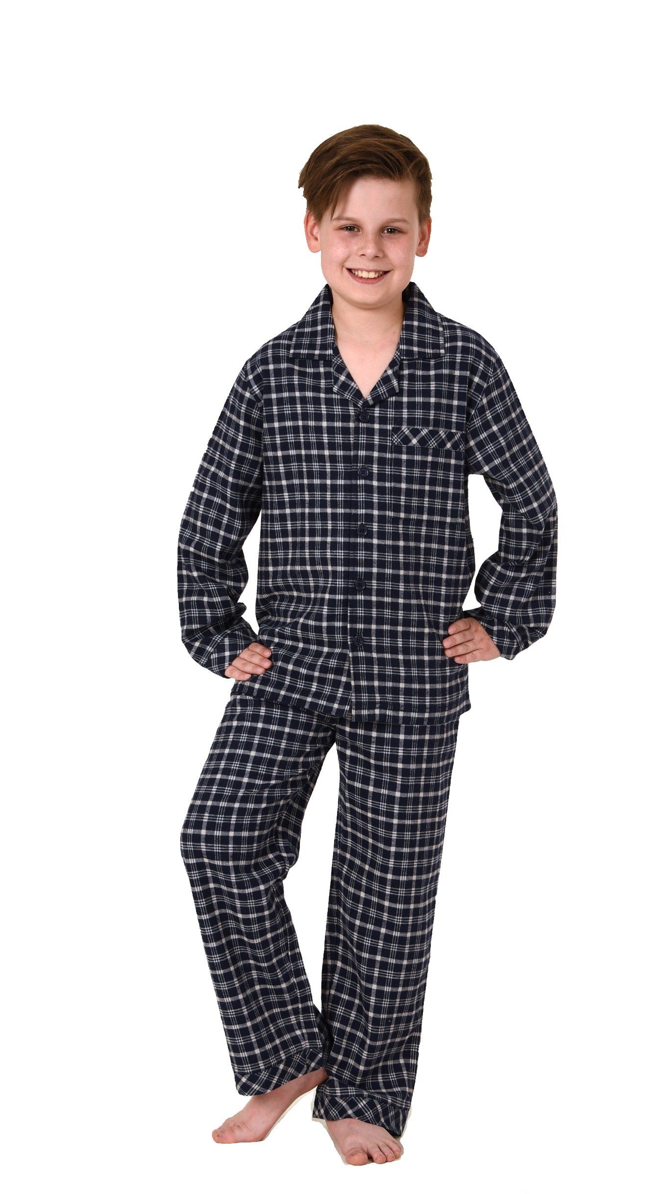 Normann Pyjama Jungen Flanell Pyjama langarm Schlafanzug in Karo Optik zum knöpfen grau